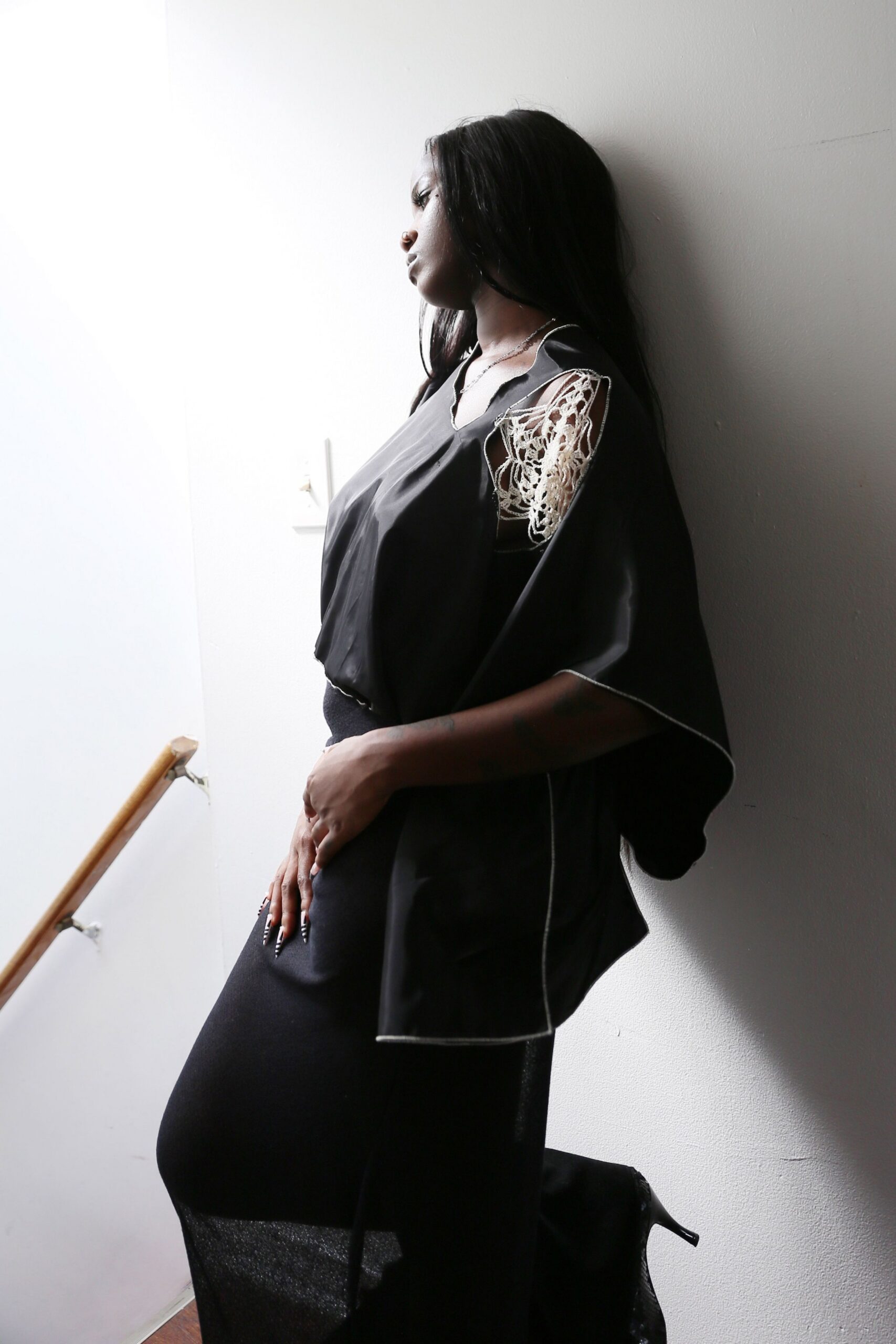 asymmetric black satin cape dress