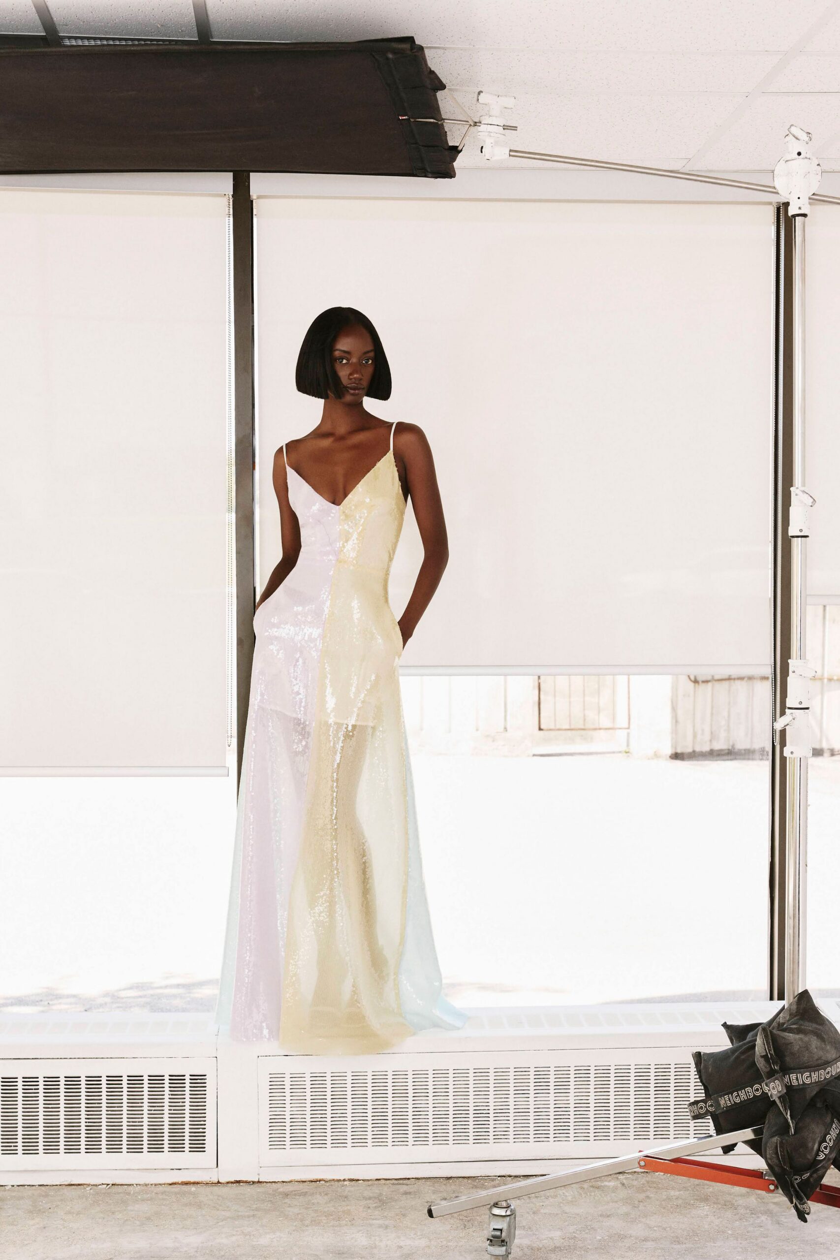 sequined color-block evening gown