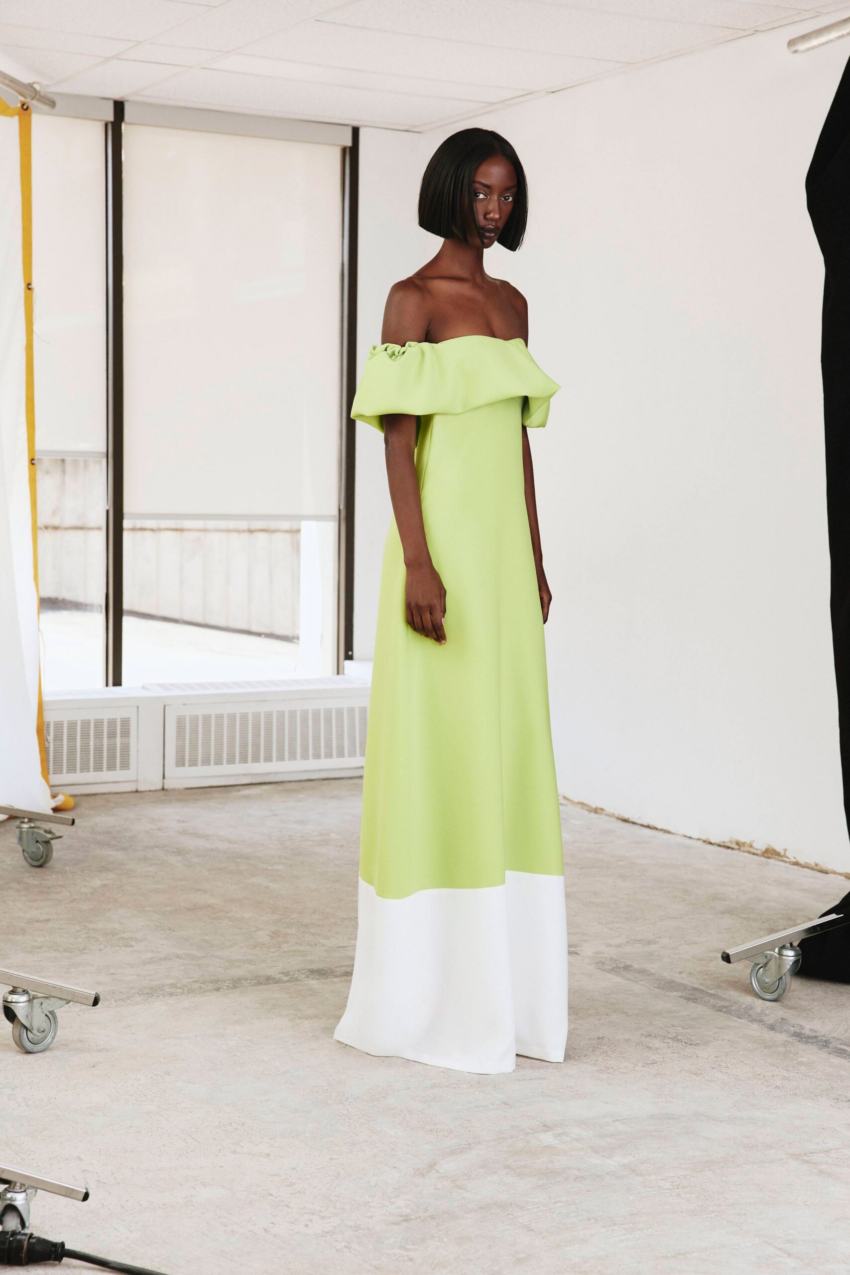 off-shoulder color-block evening gown