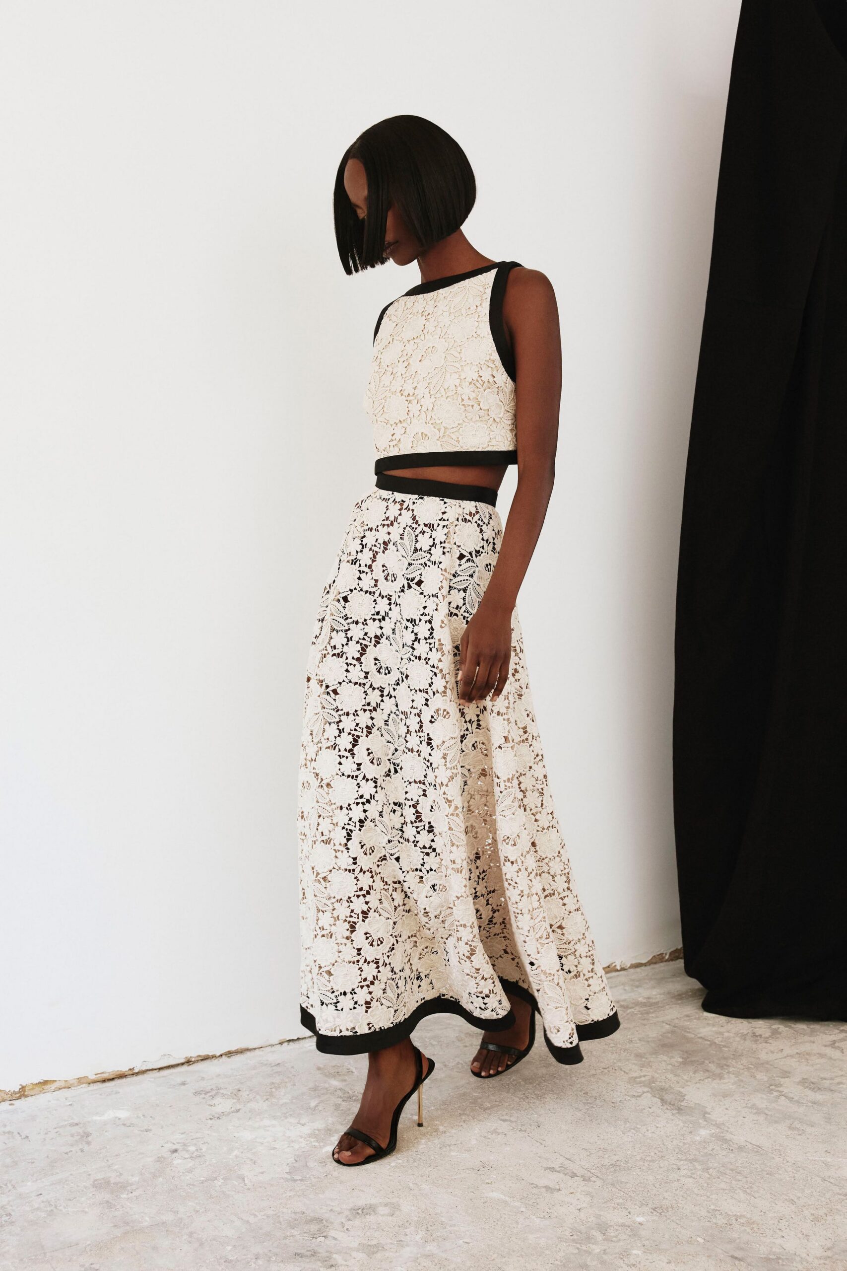 cropped ivory lace top and skirt set