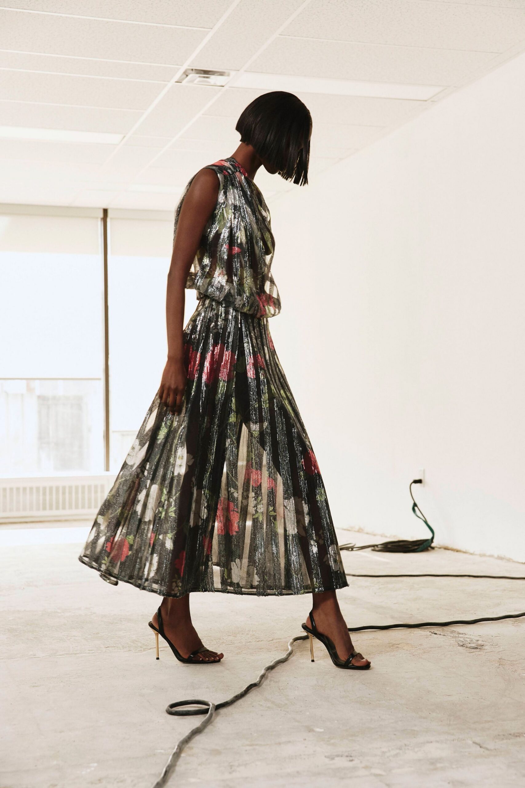 sheer metallic floral pleated maxi dress