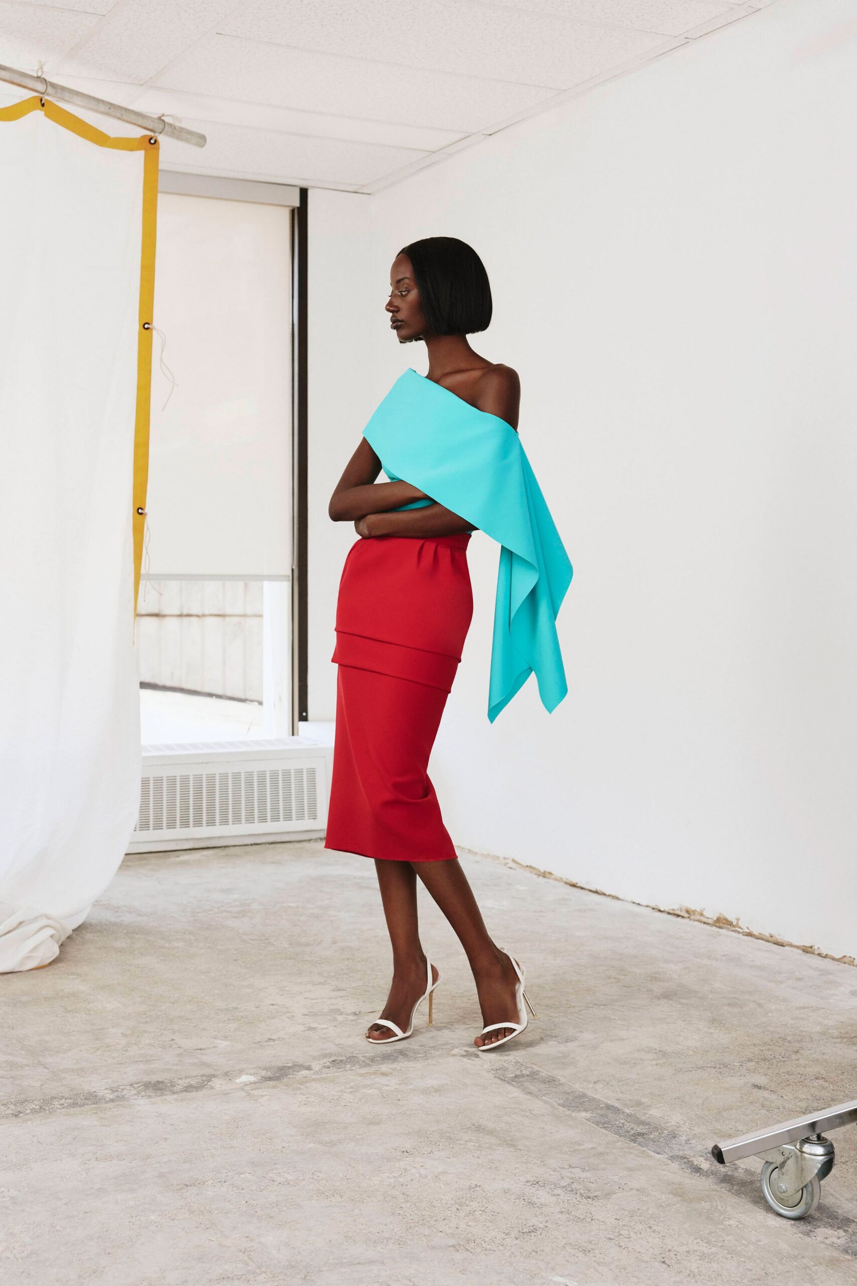asymmetric draped off-shoulder top