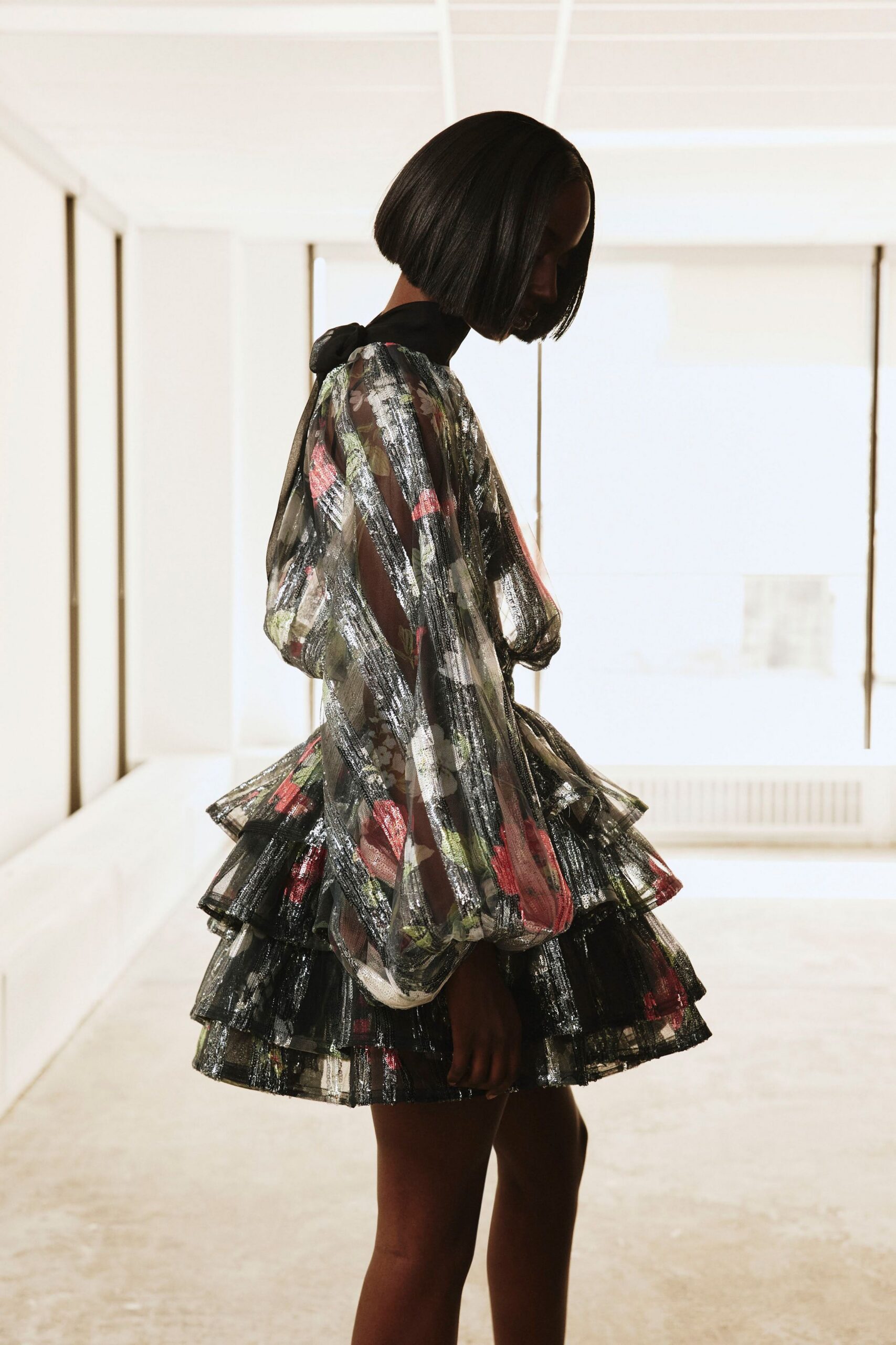 sheer floral ruffled mini dress