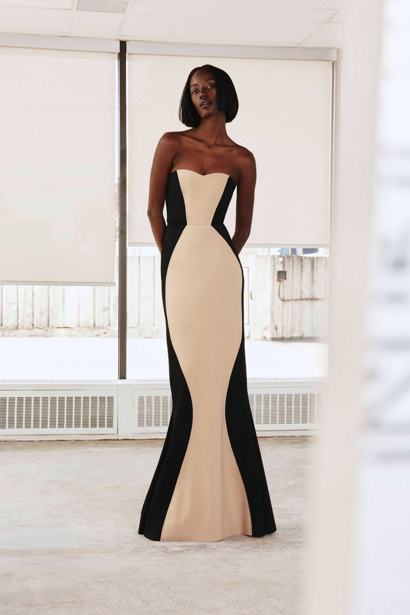strapless color-block evening gown