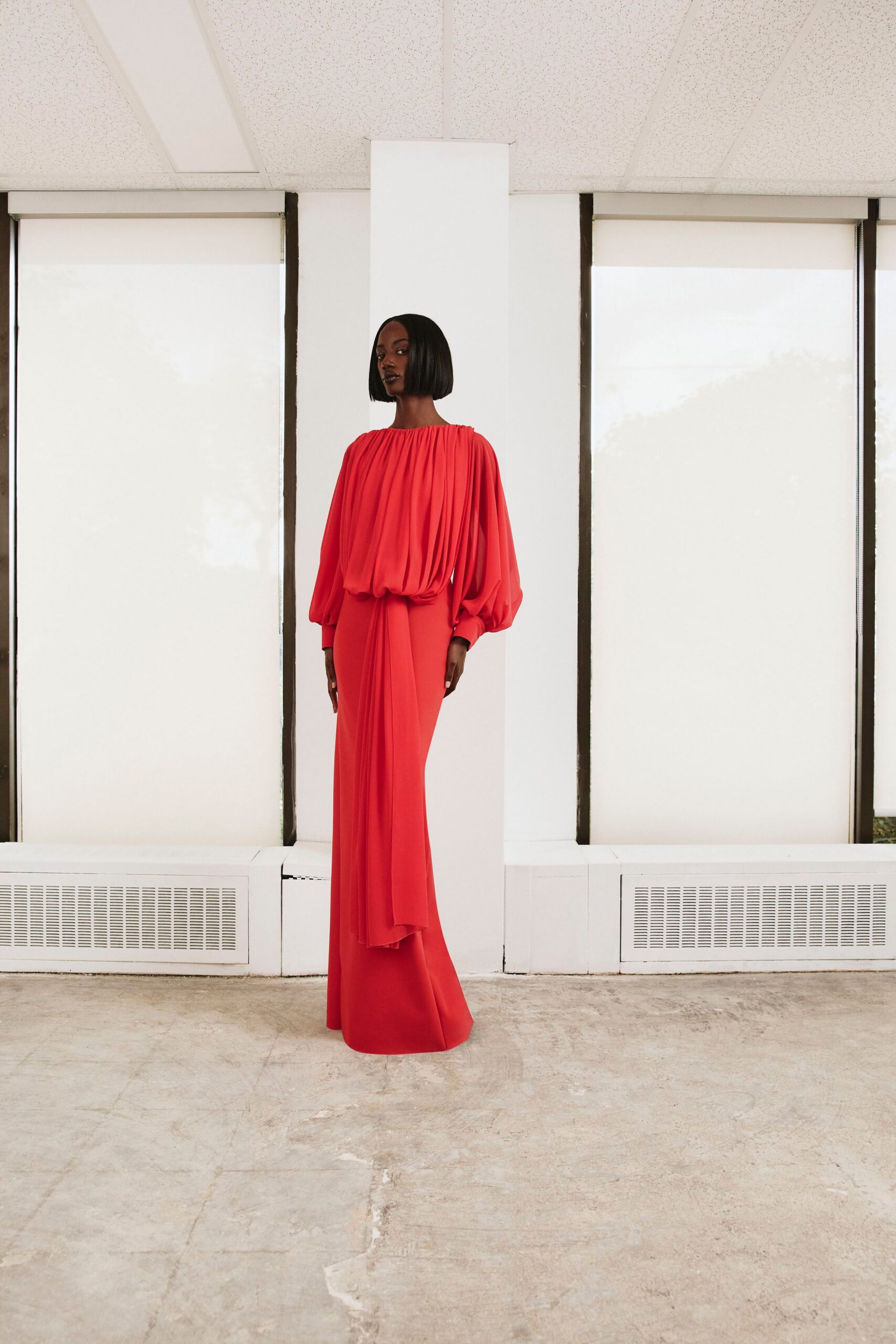 draped red evening gown