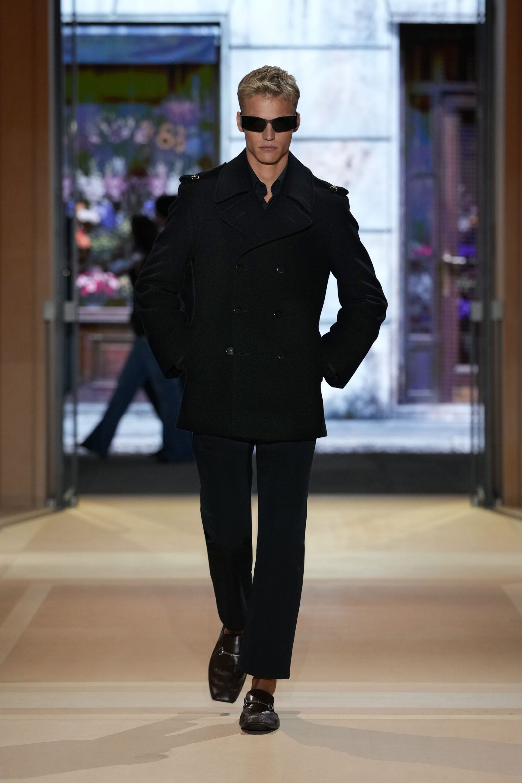 black double-breasted pea coat