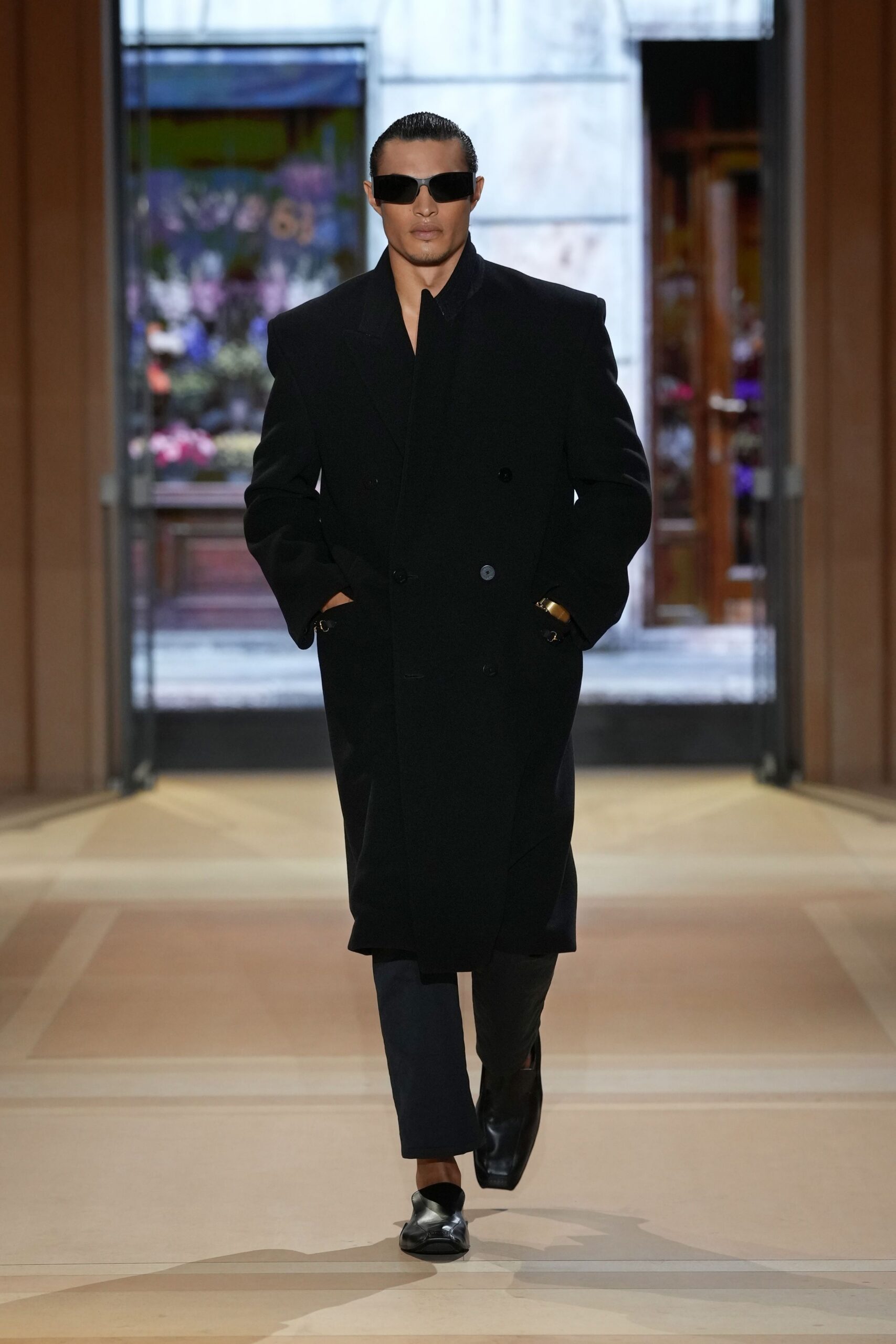 black double-breasted long coat