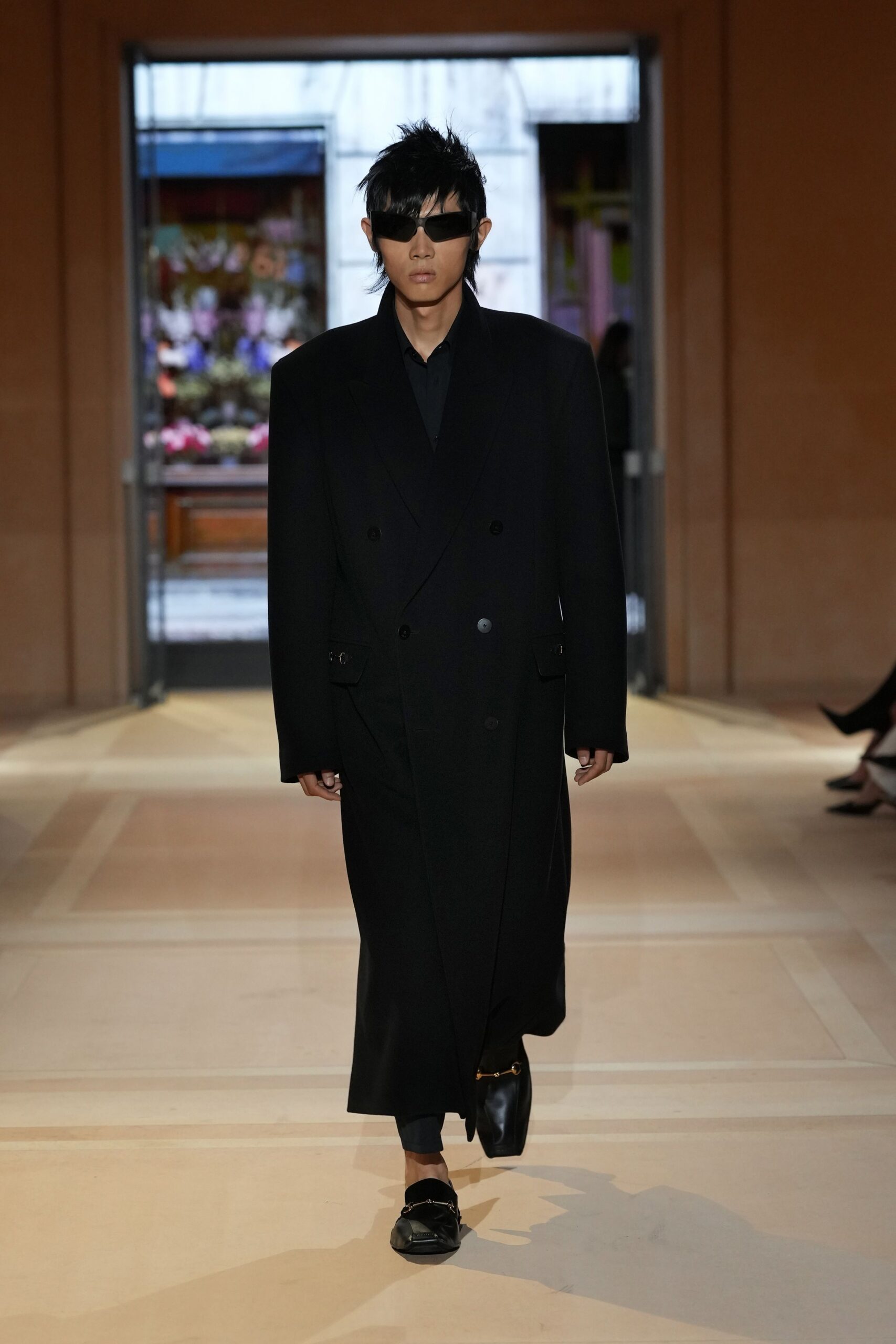 oversized black double-breasted overcoat