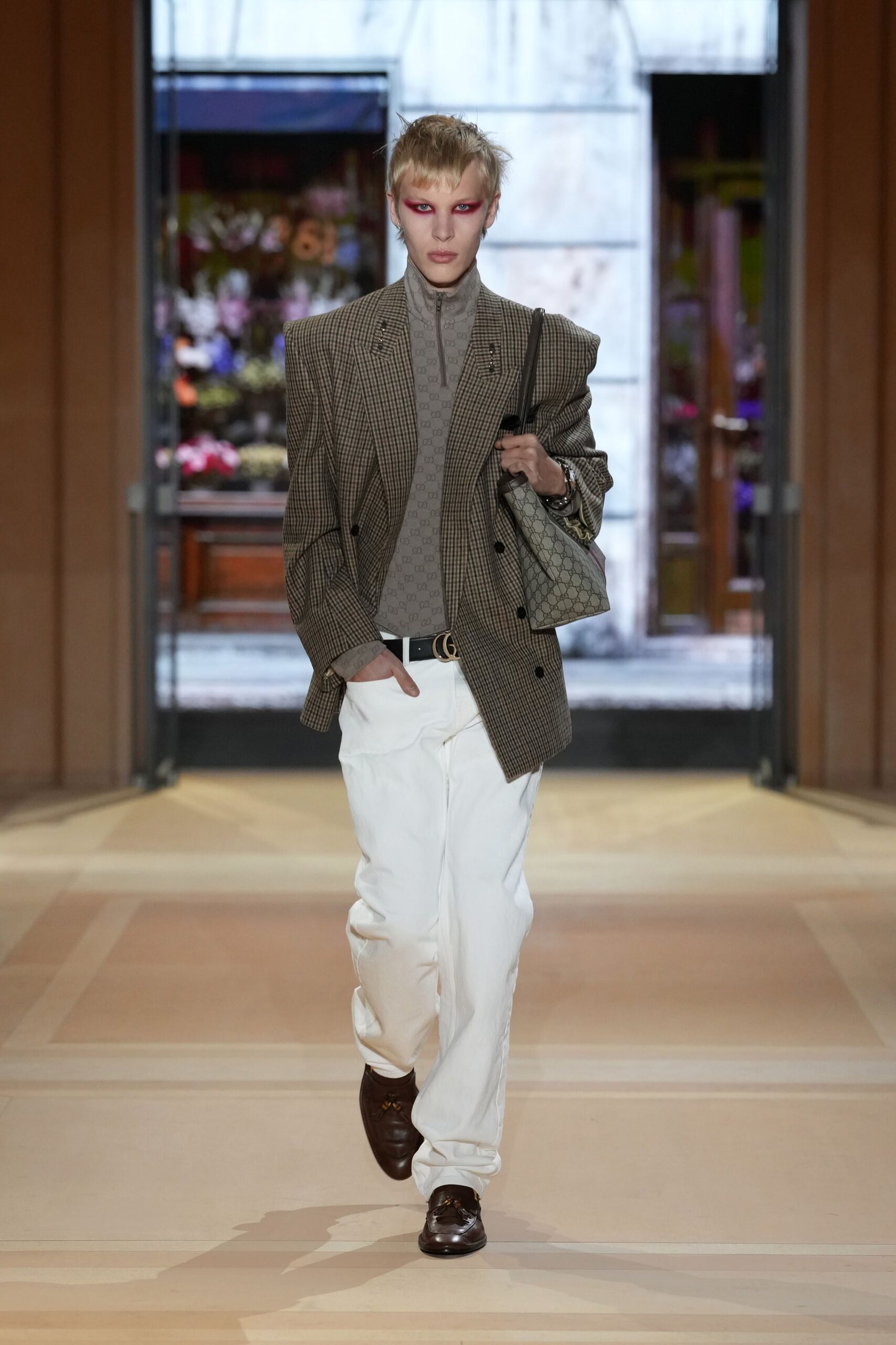 checked strong-shoulder double-breasted blazer