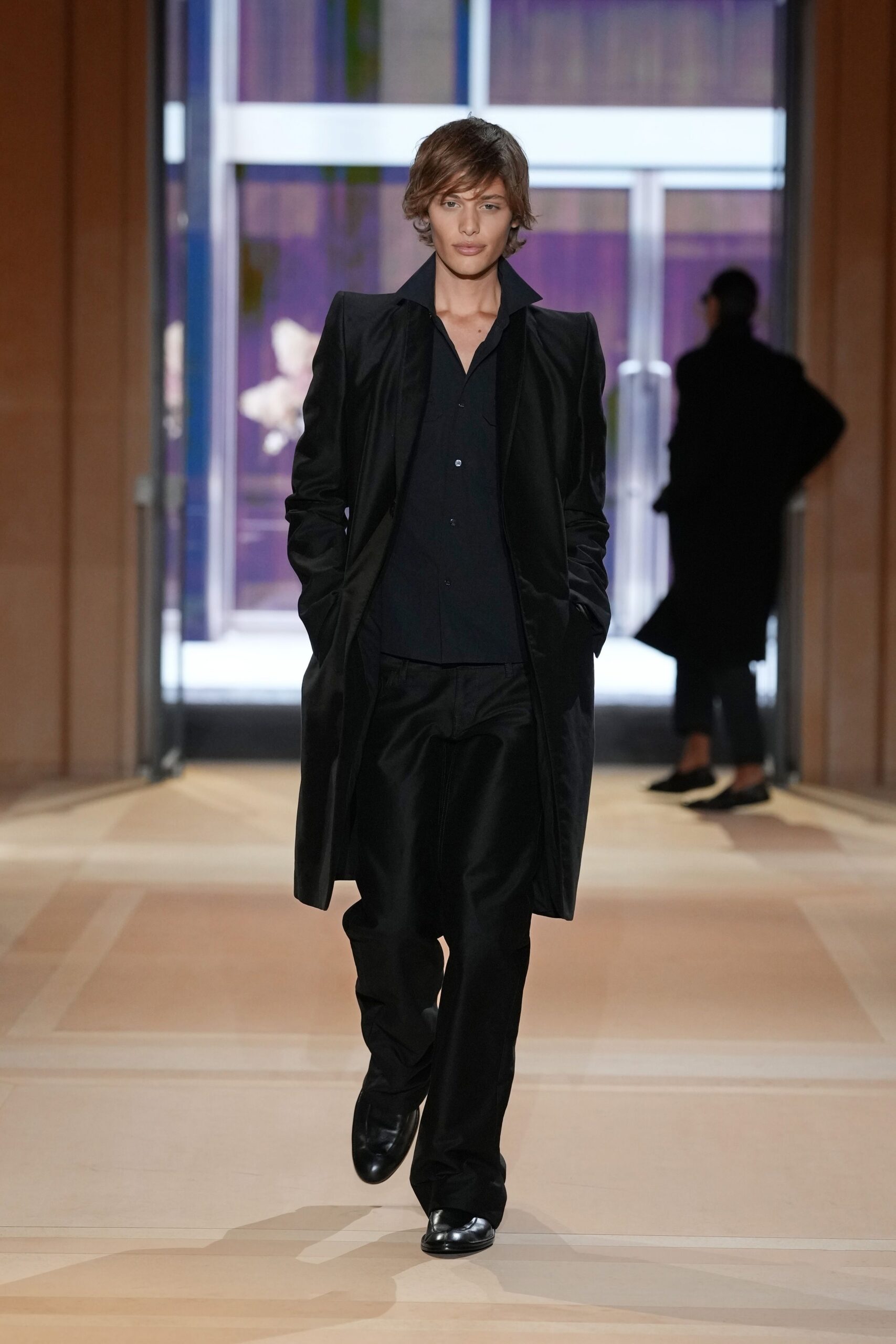 black tailored open-front coat