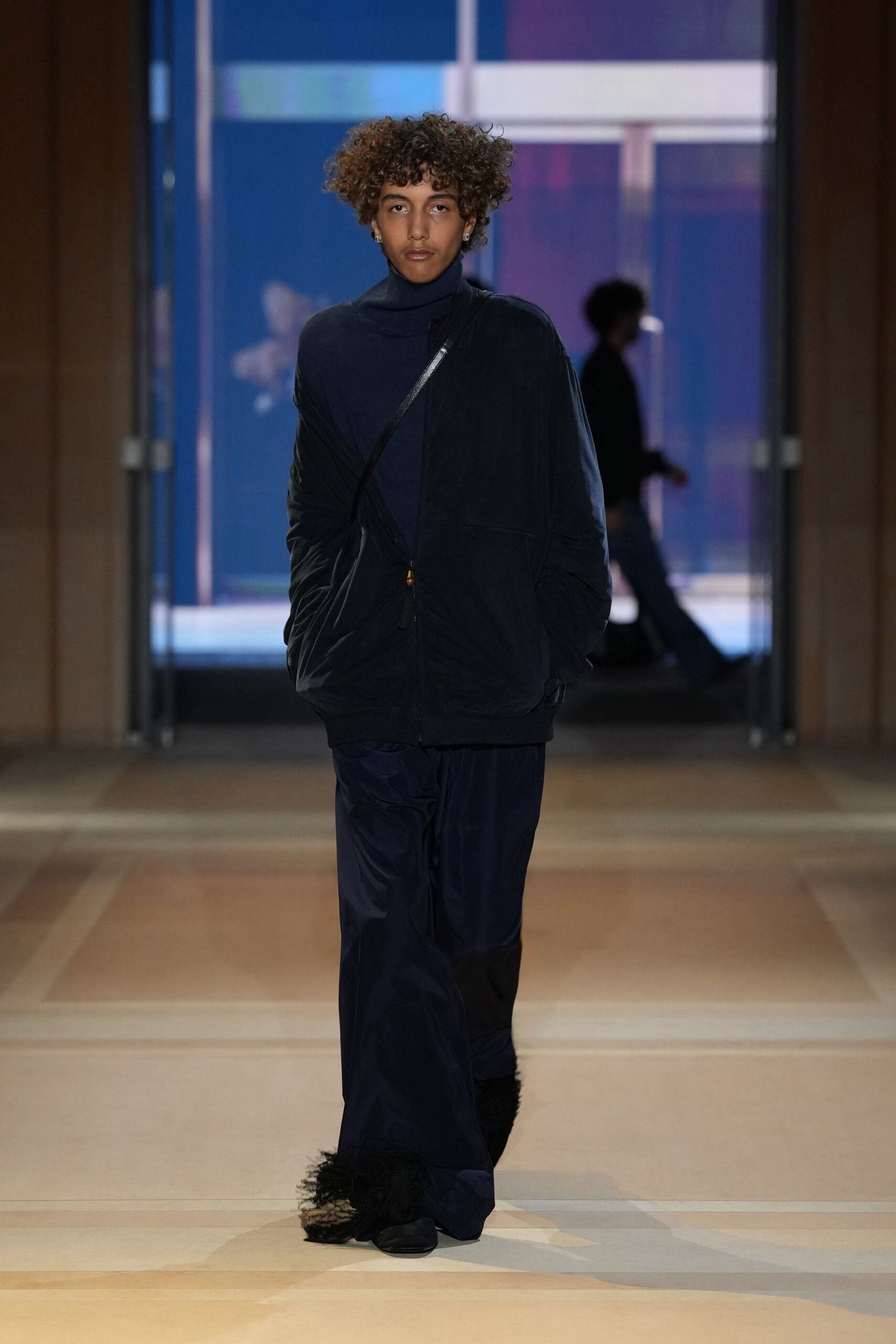 feather-hem wide-leg navy pants