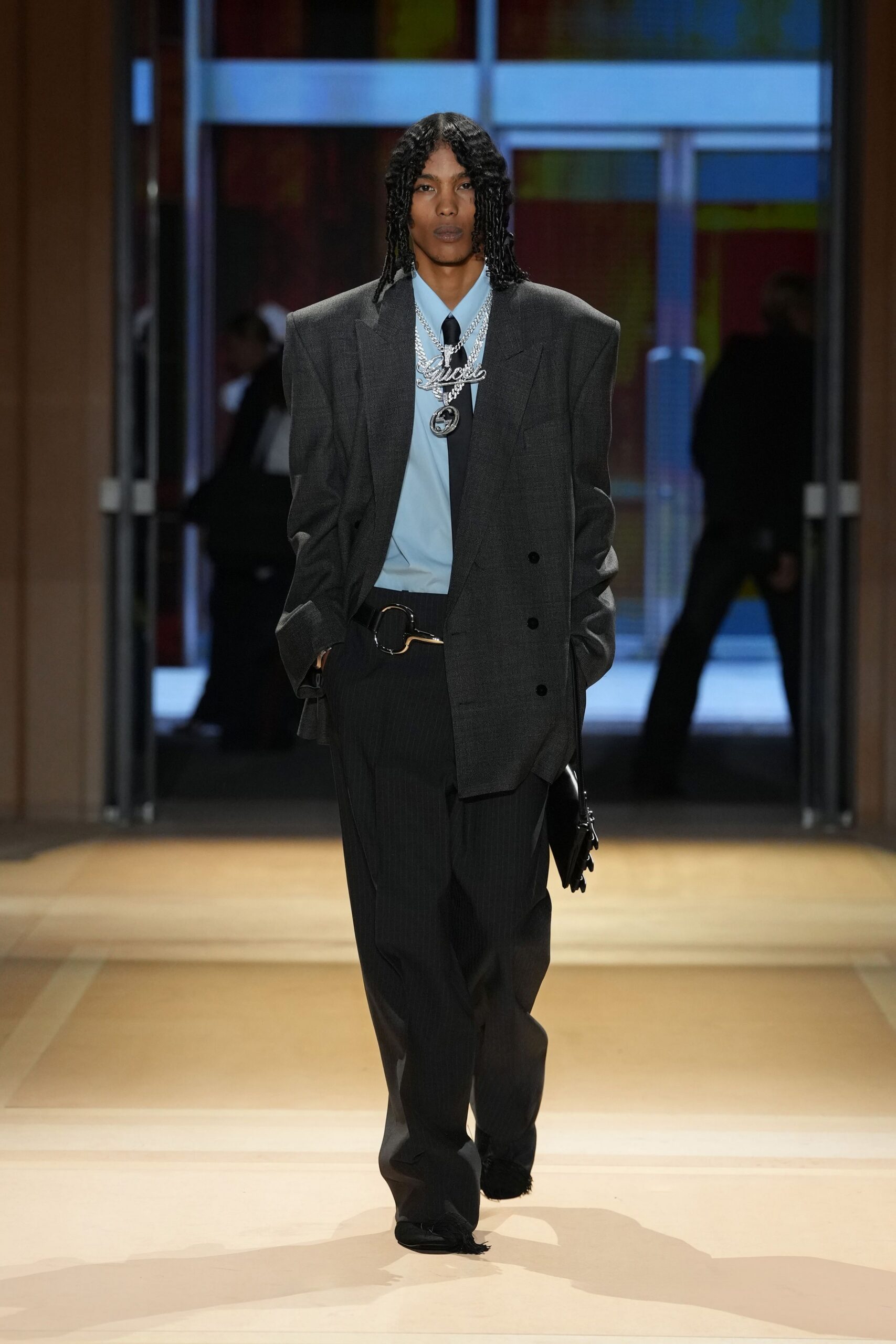 oversized double-breasted gray blazer