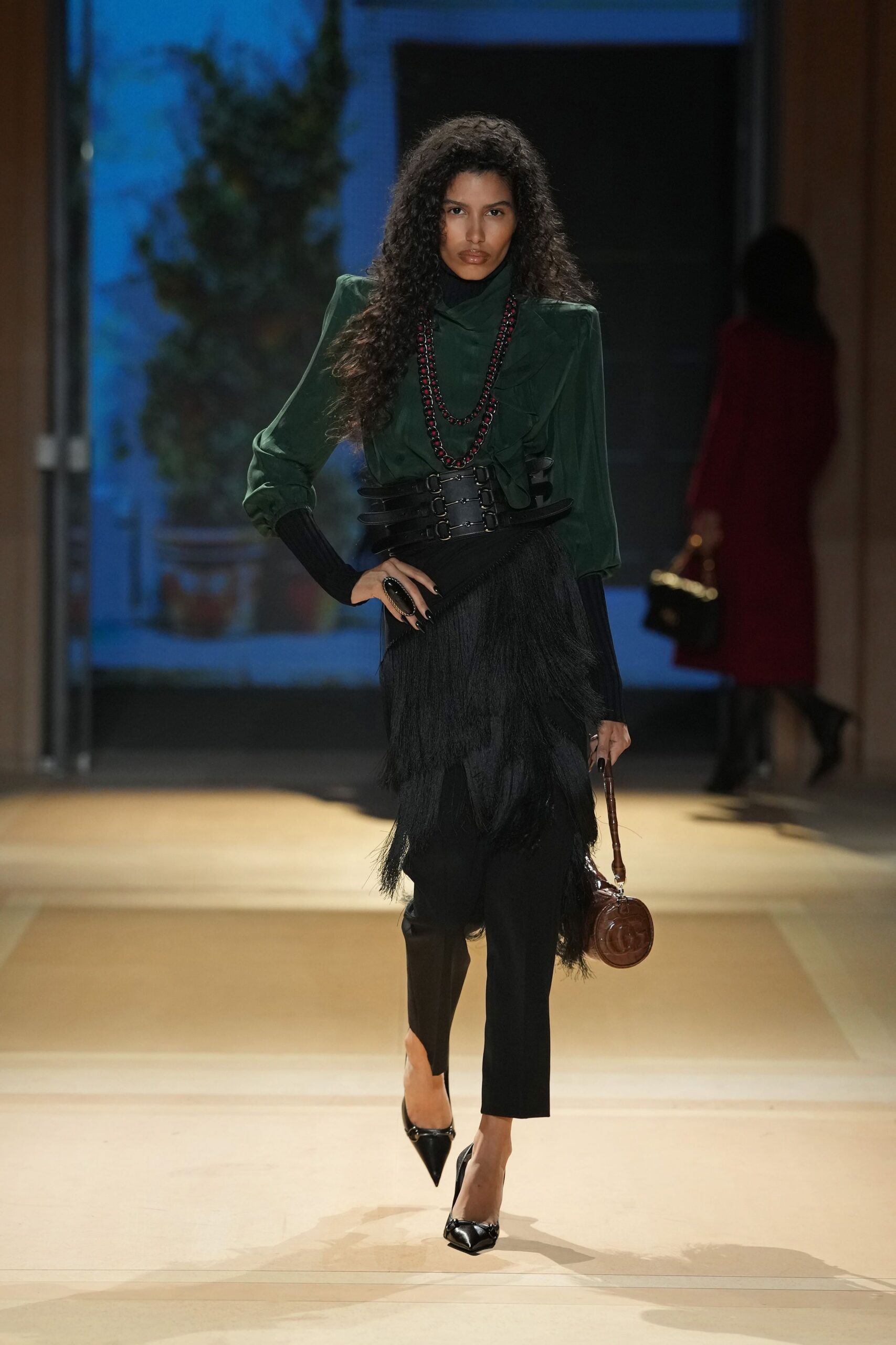 green chiffon long-sleeve high-neck ruffled belted flowing top