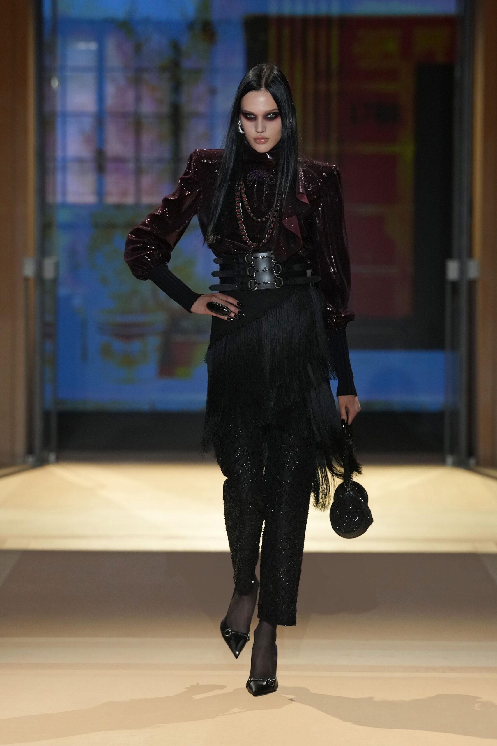 ruffled sequined high-neck blouse