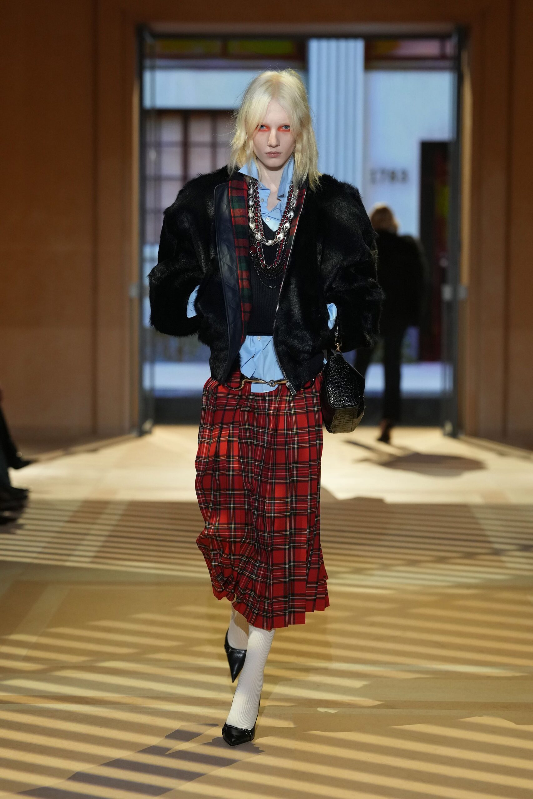 red tartan pleated midi skirt