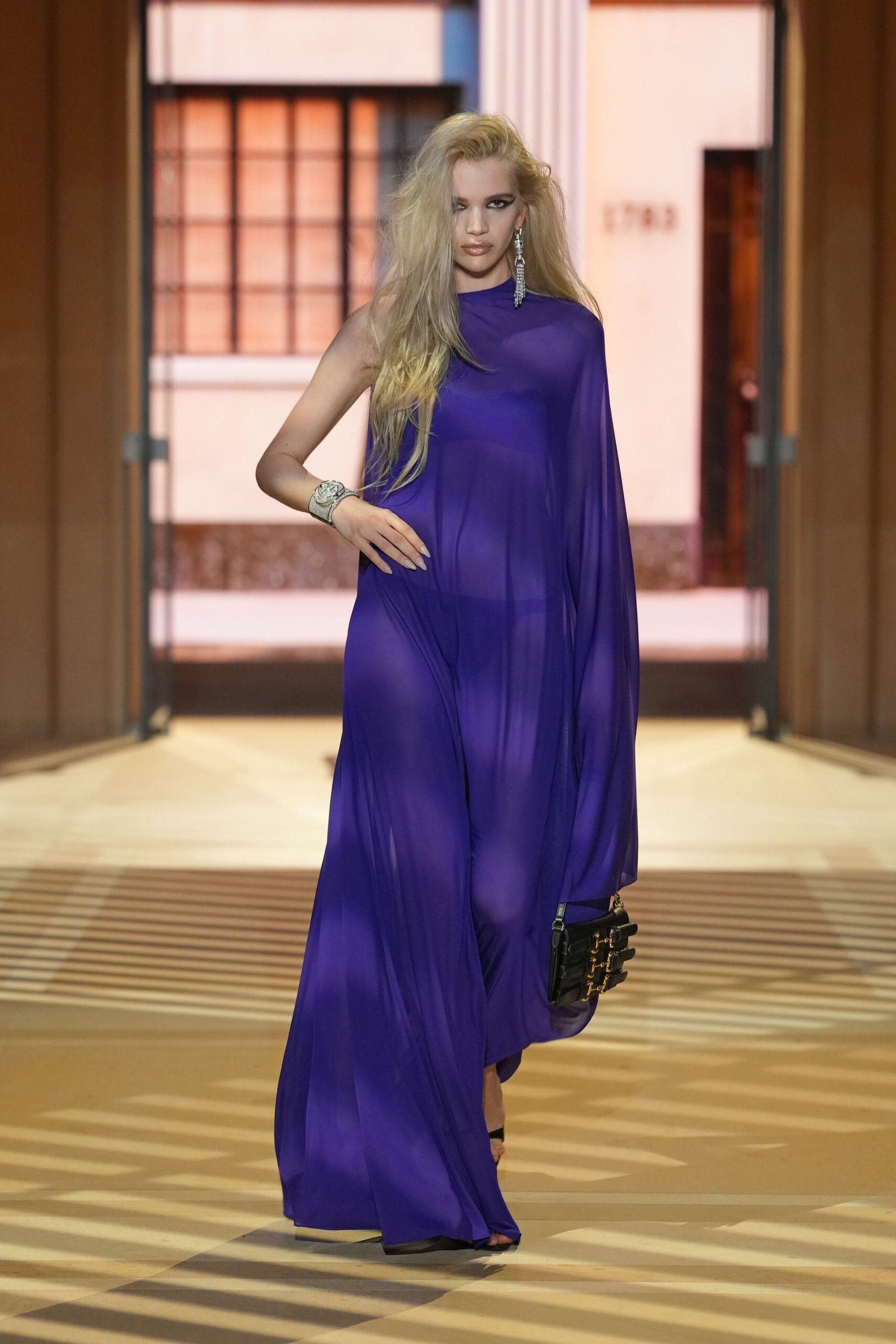 purple chiffon asymmetric high-neck draped wide-leg jumpsuit