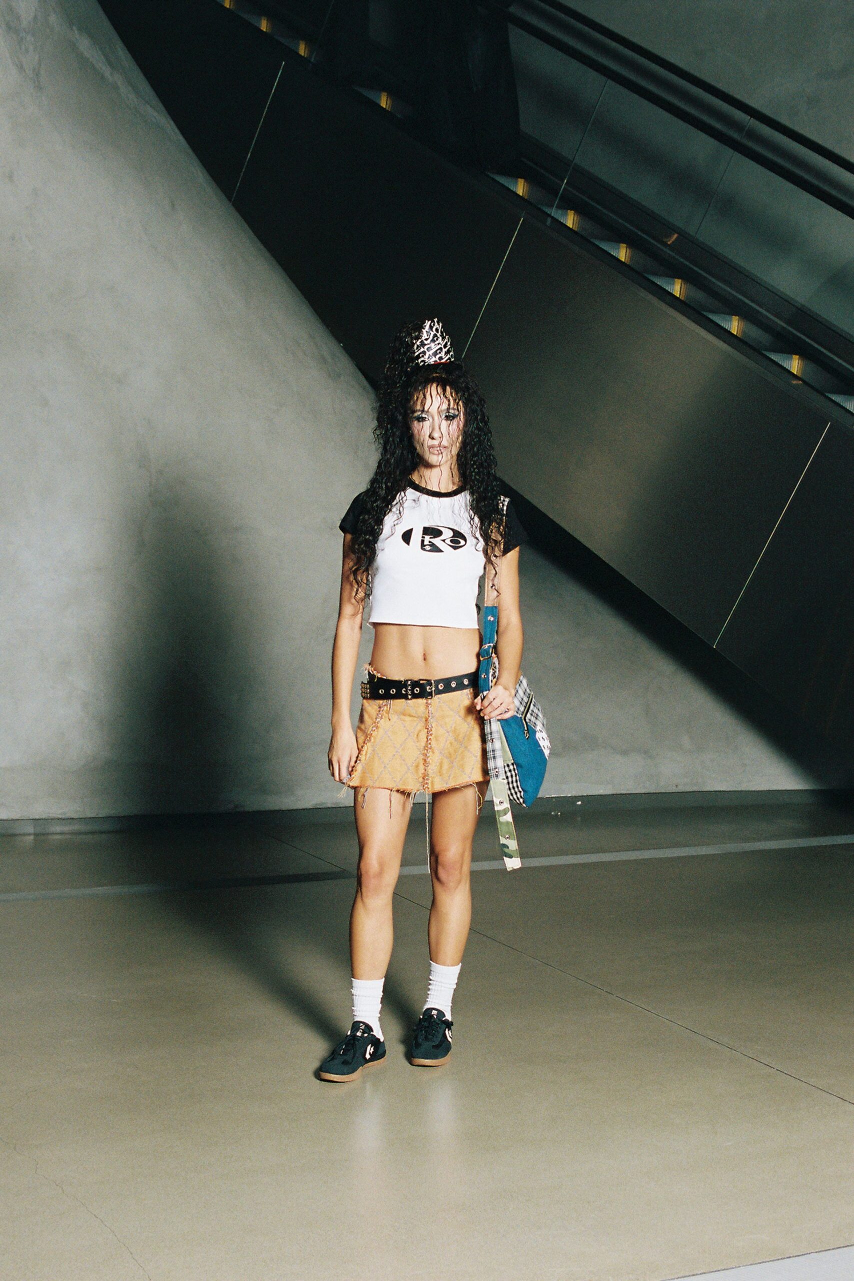 yellow unknown checked distressed textured mini skirt