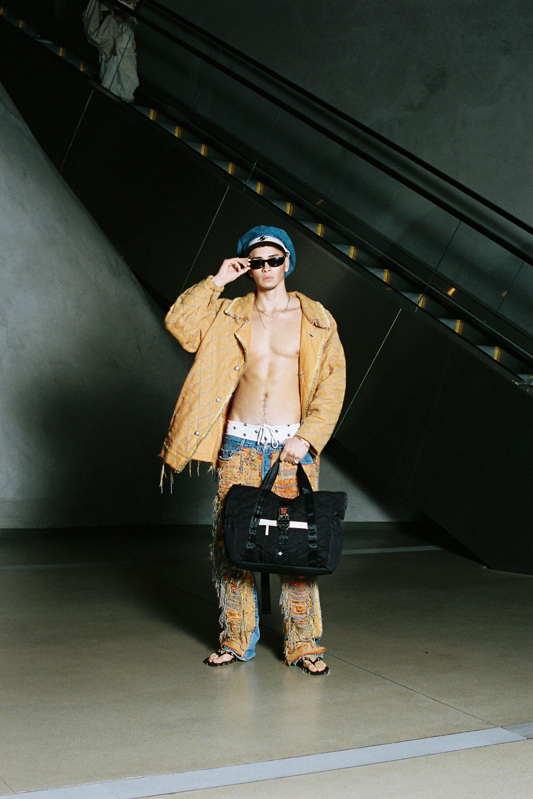 distressed patchwork denim jeans