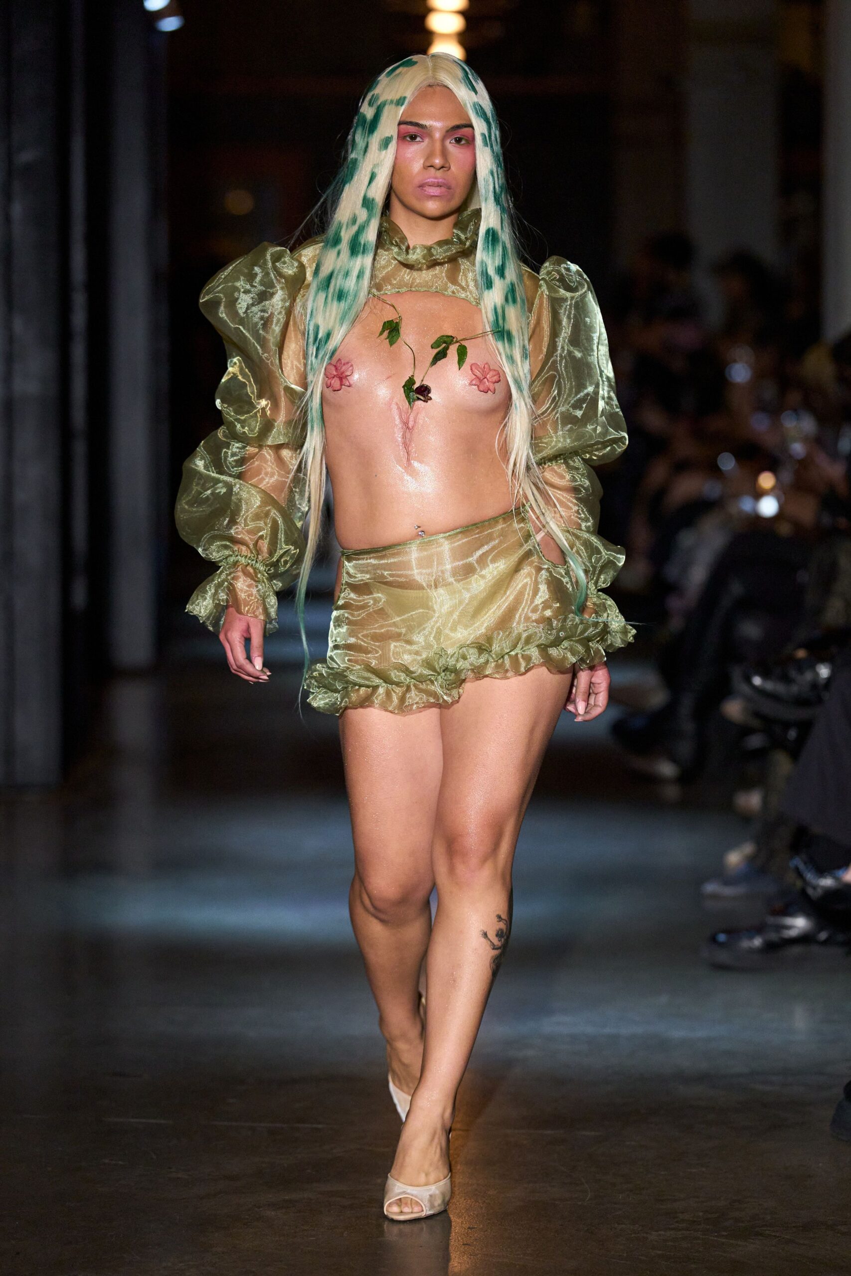 green organza ruffled ruched sheer shiny mini skirt