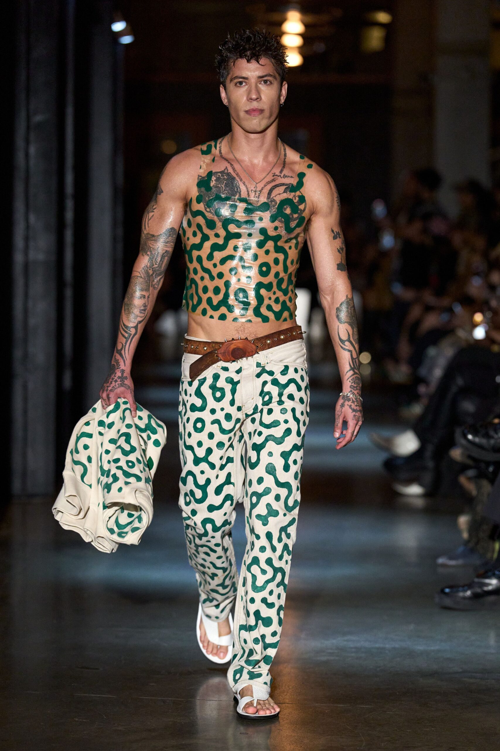 ivory denim printed straight-leg pants