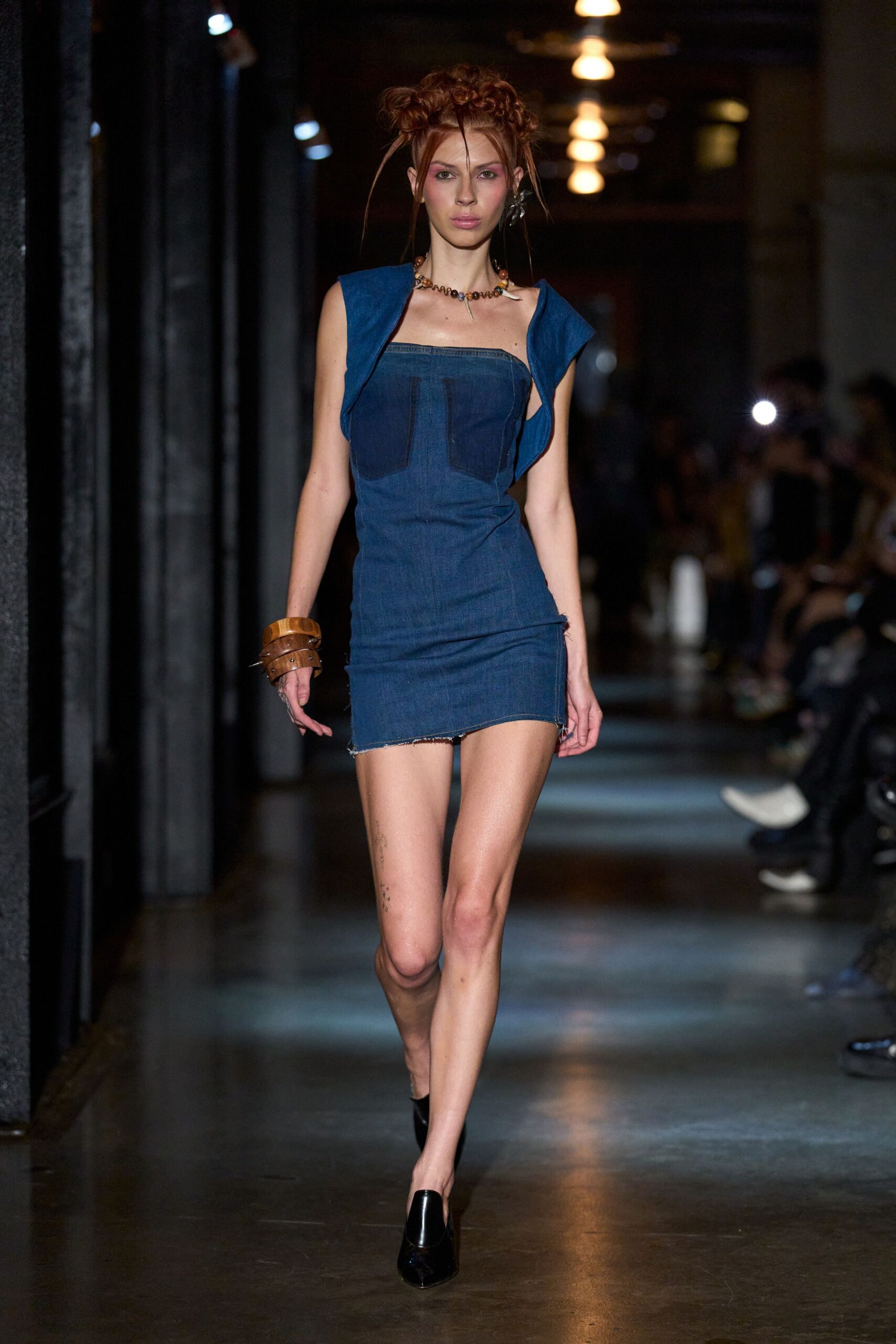 blue denim strapless asymmetric fitted panelled distressed mini-dress