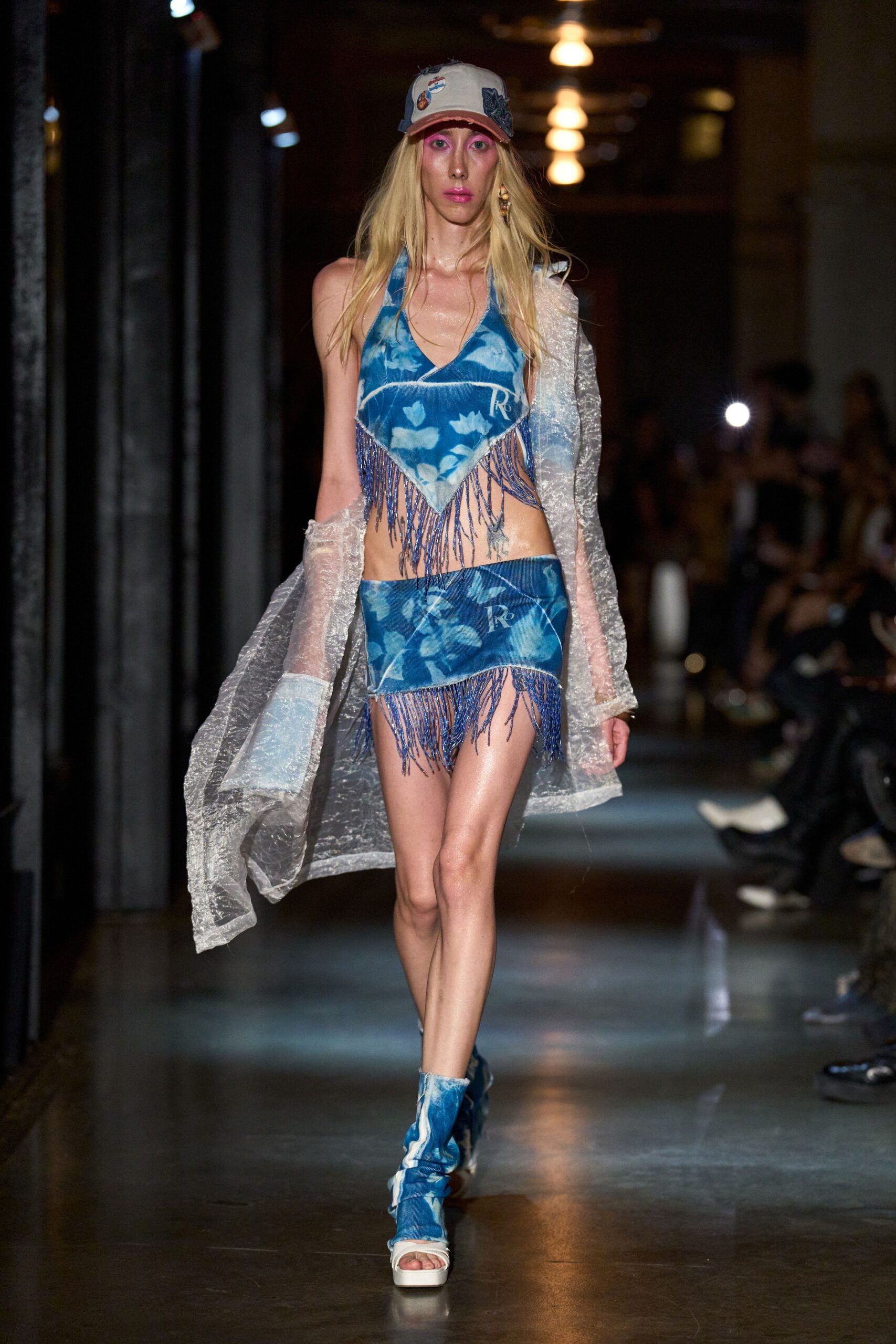 blue jersey asymmetric fitted printed fringed mini mini-dress