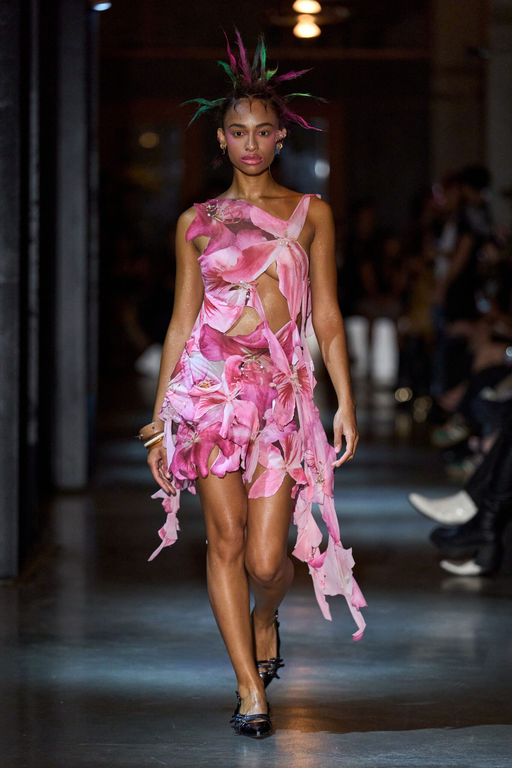 pink chiffon asymmetric sleeveless floral draped mini-dress