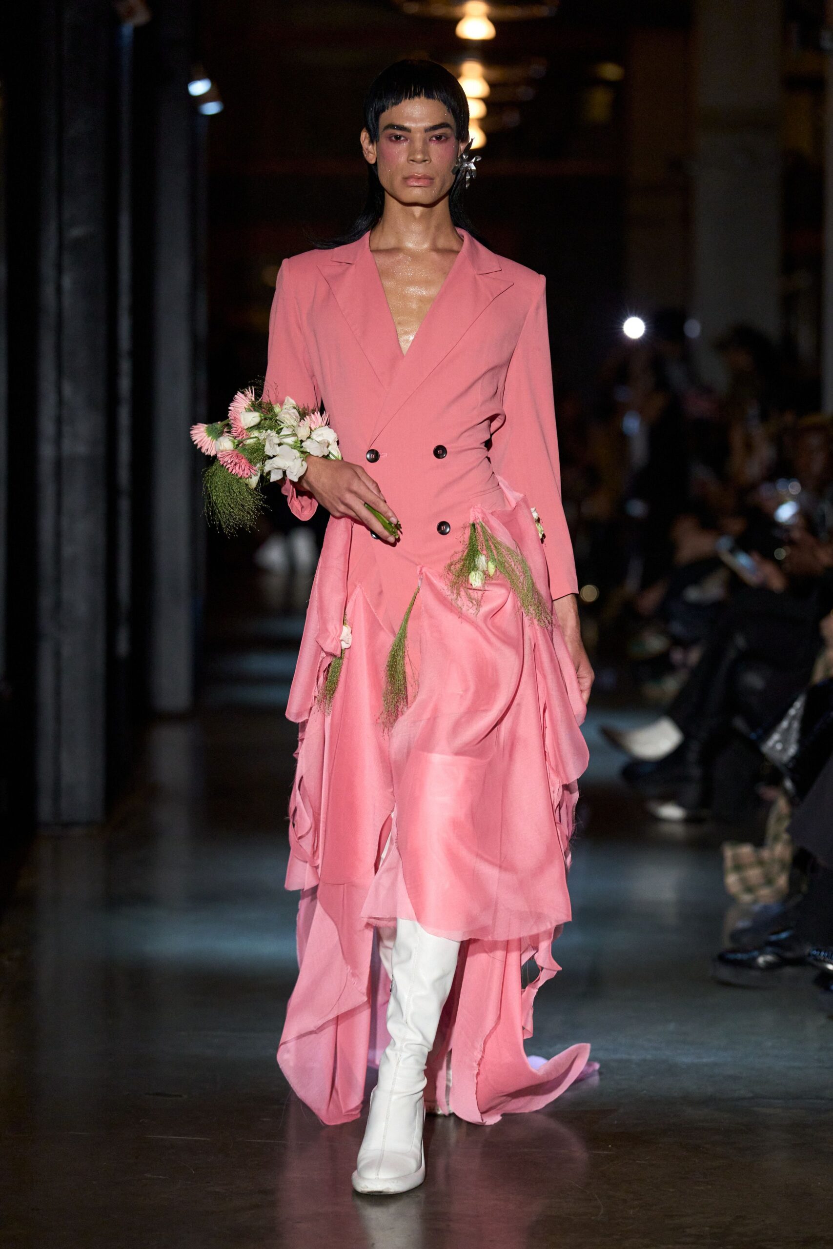 pink chiffon long-sleeve collared tailored draped ruffled gown