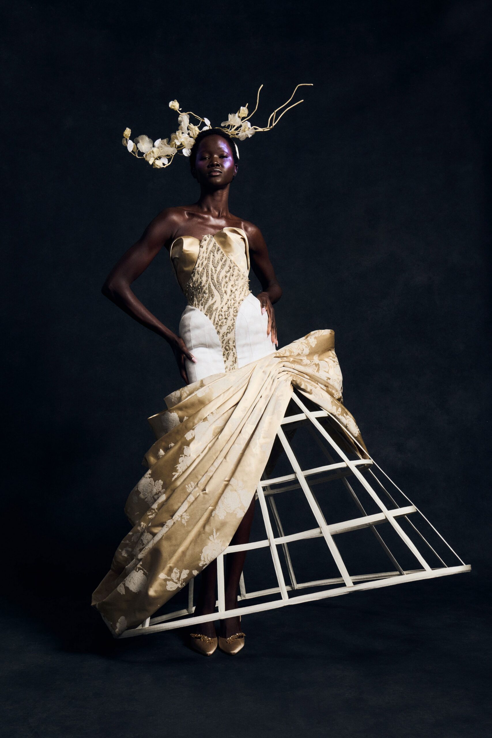architectural strapless brocade evening gown