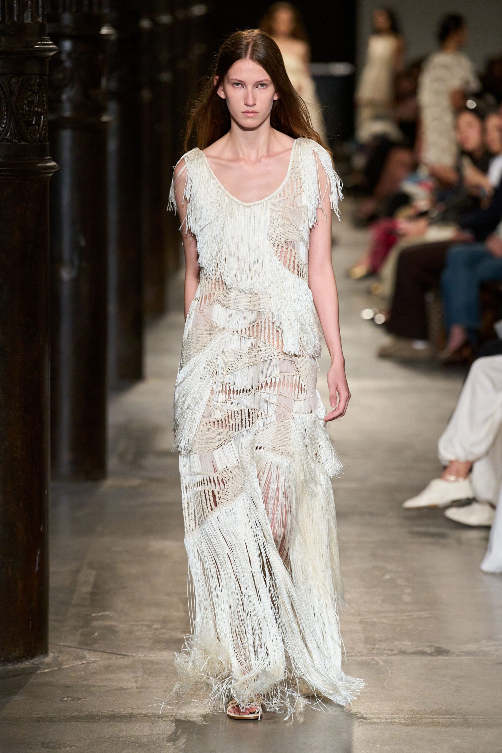 ivory crochet sleeveless scoop-neck fringed layered gown