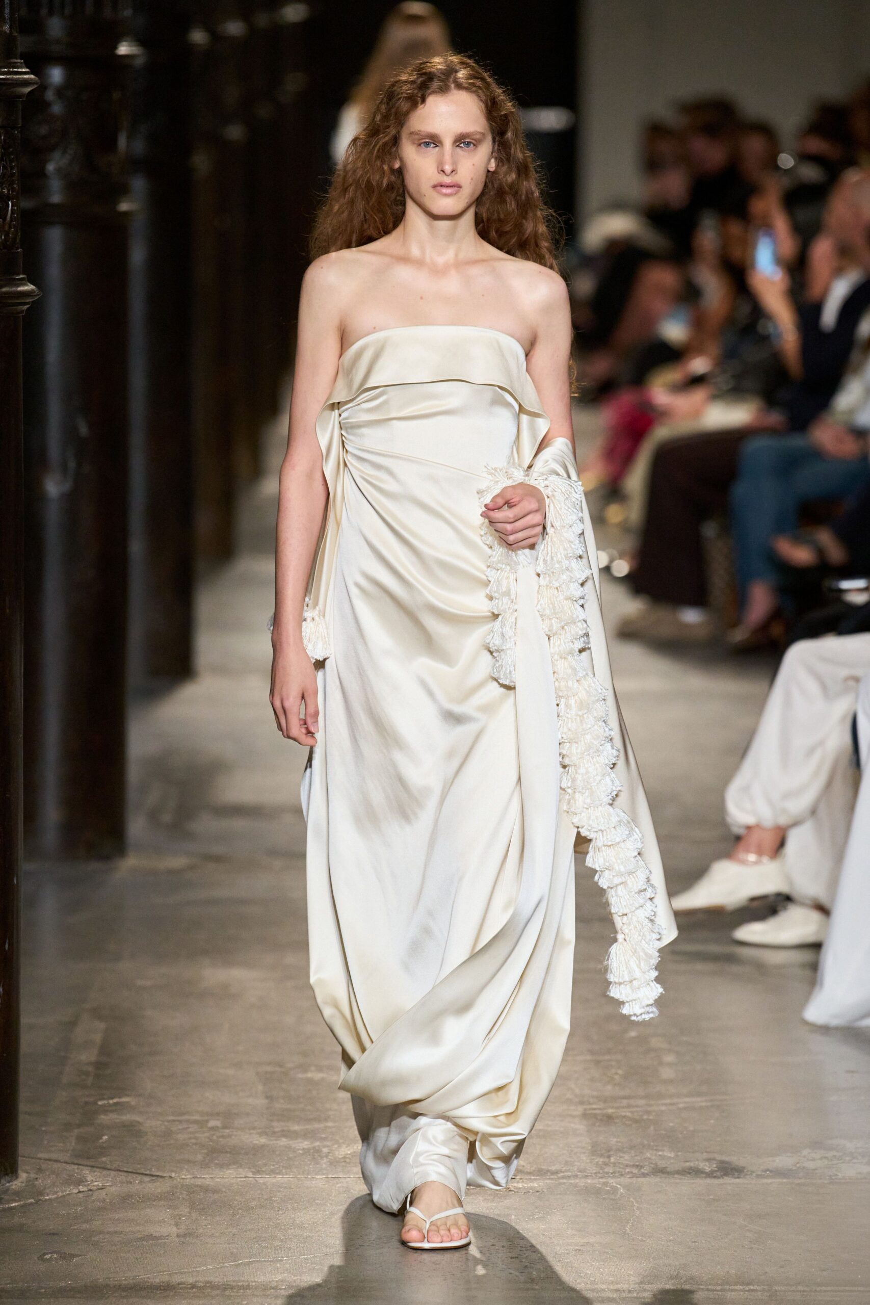 ivory satin strapless draped ruffled shiny flowing gown