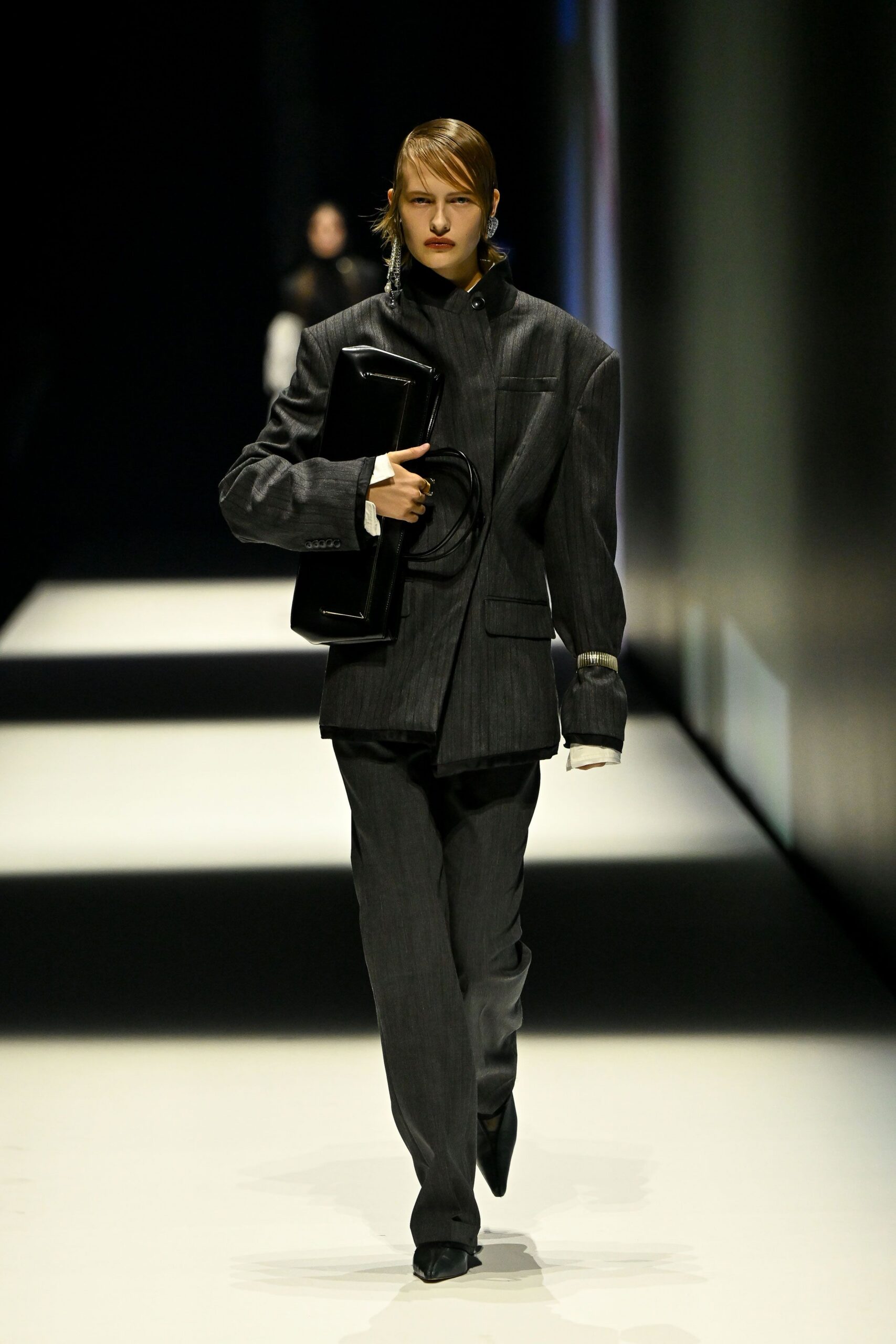 oversized pinstripe wrap-front blazer