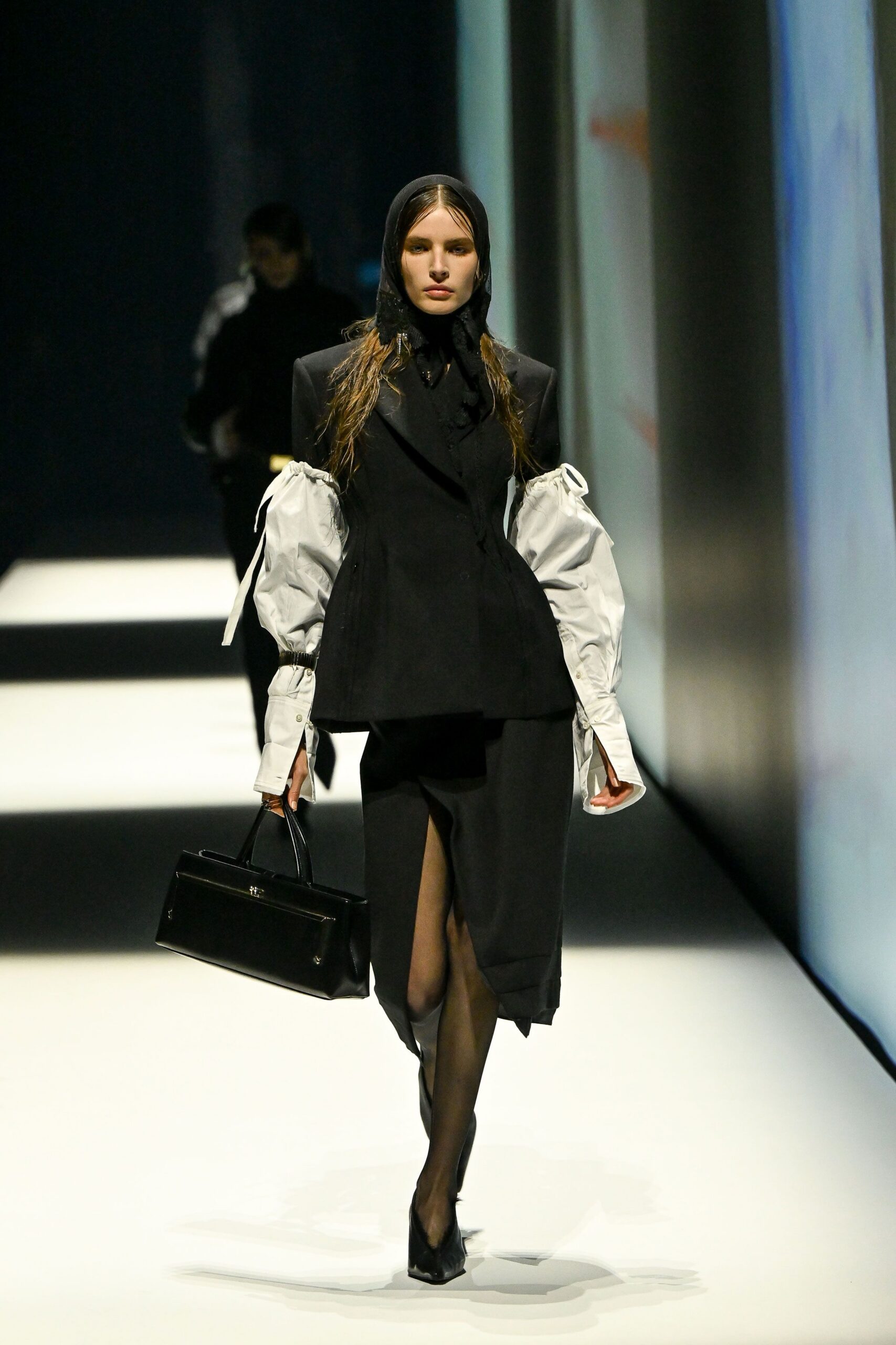 black tailored blazer with puff sleeves
