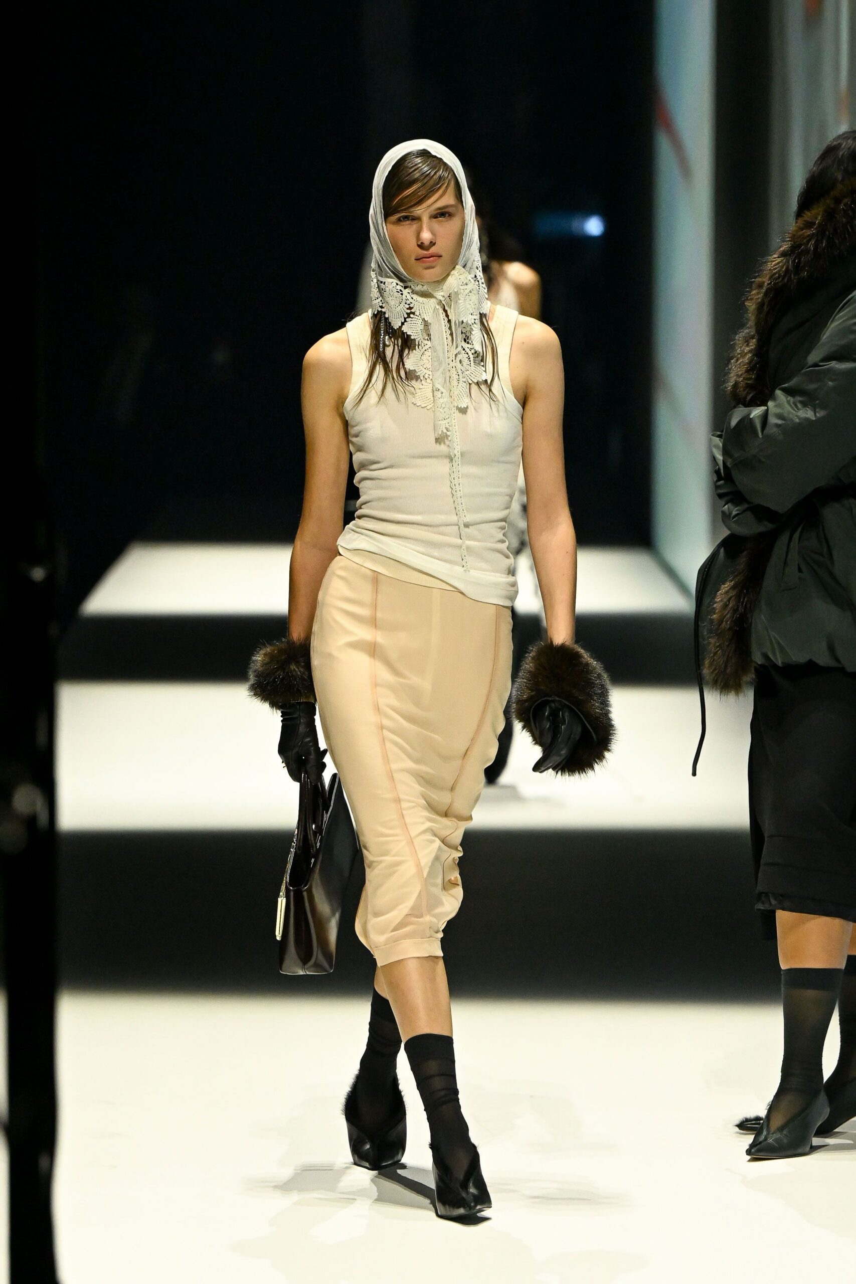 lace headscarf and ivory tank top
