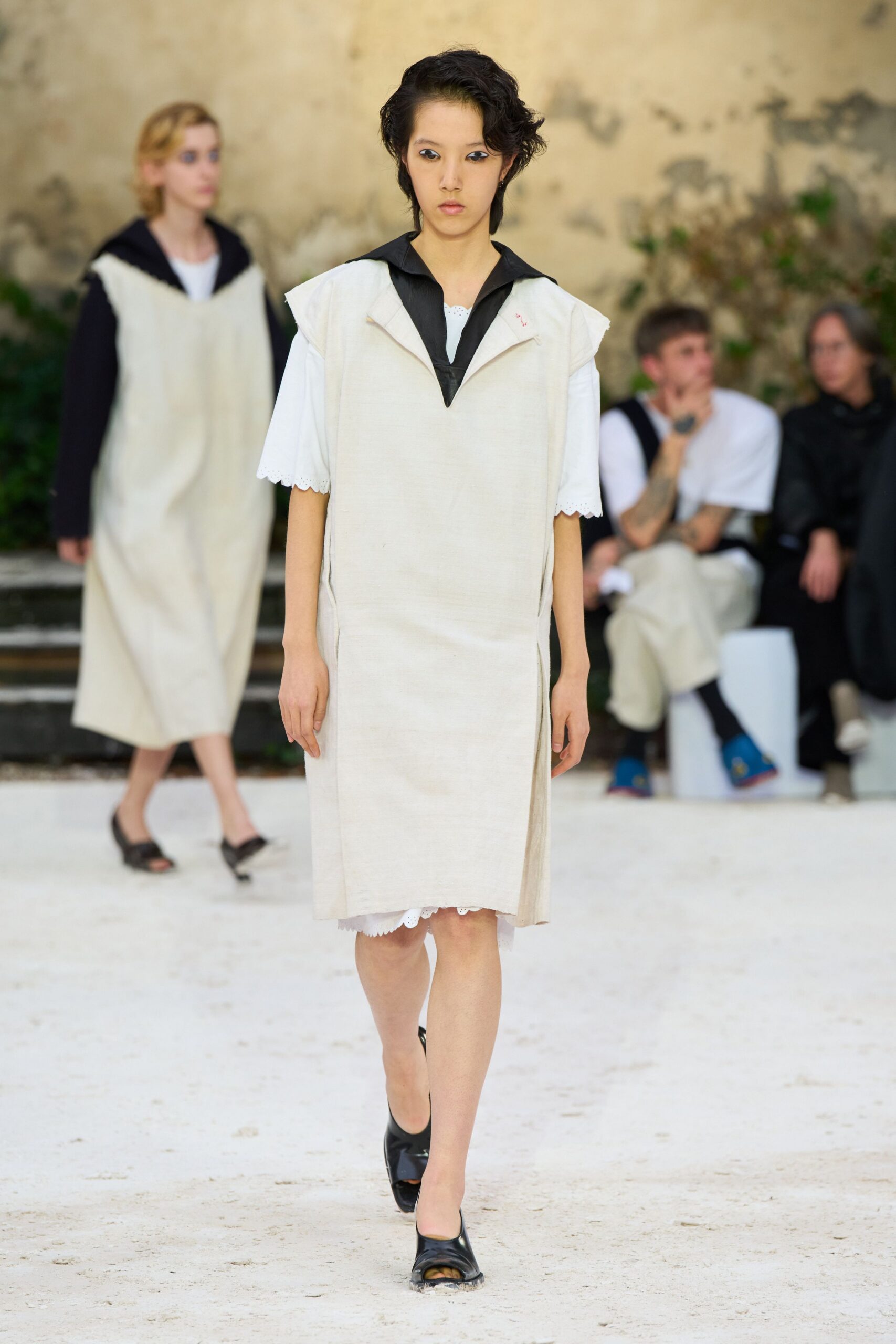 beige apron-style midi dress