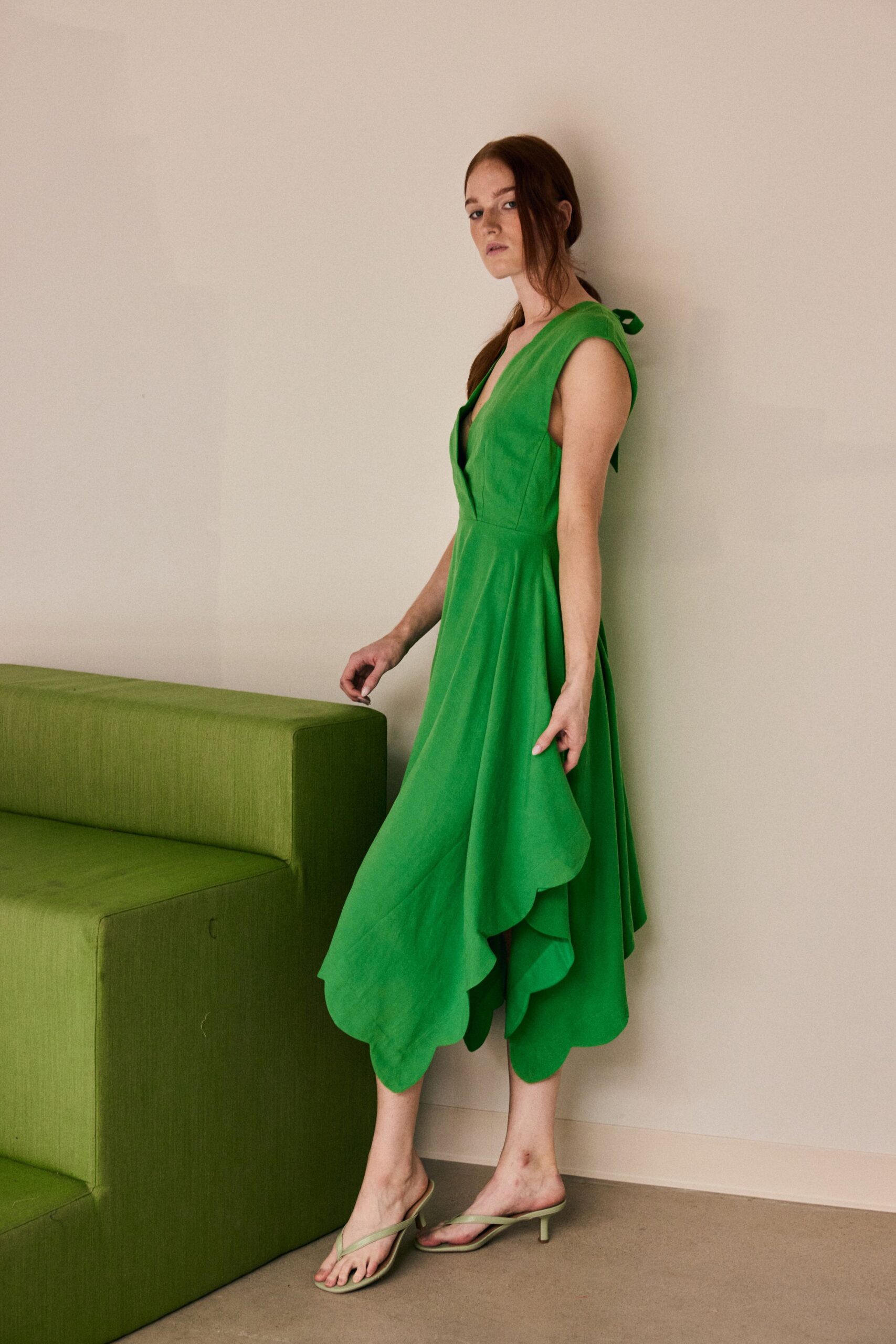 green handkerchief-hem midi dress