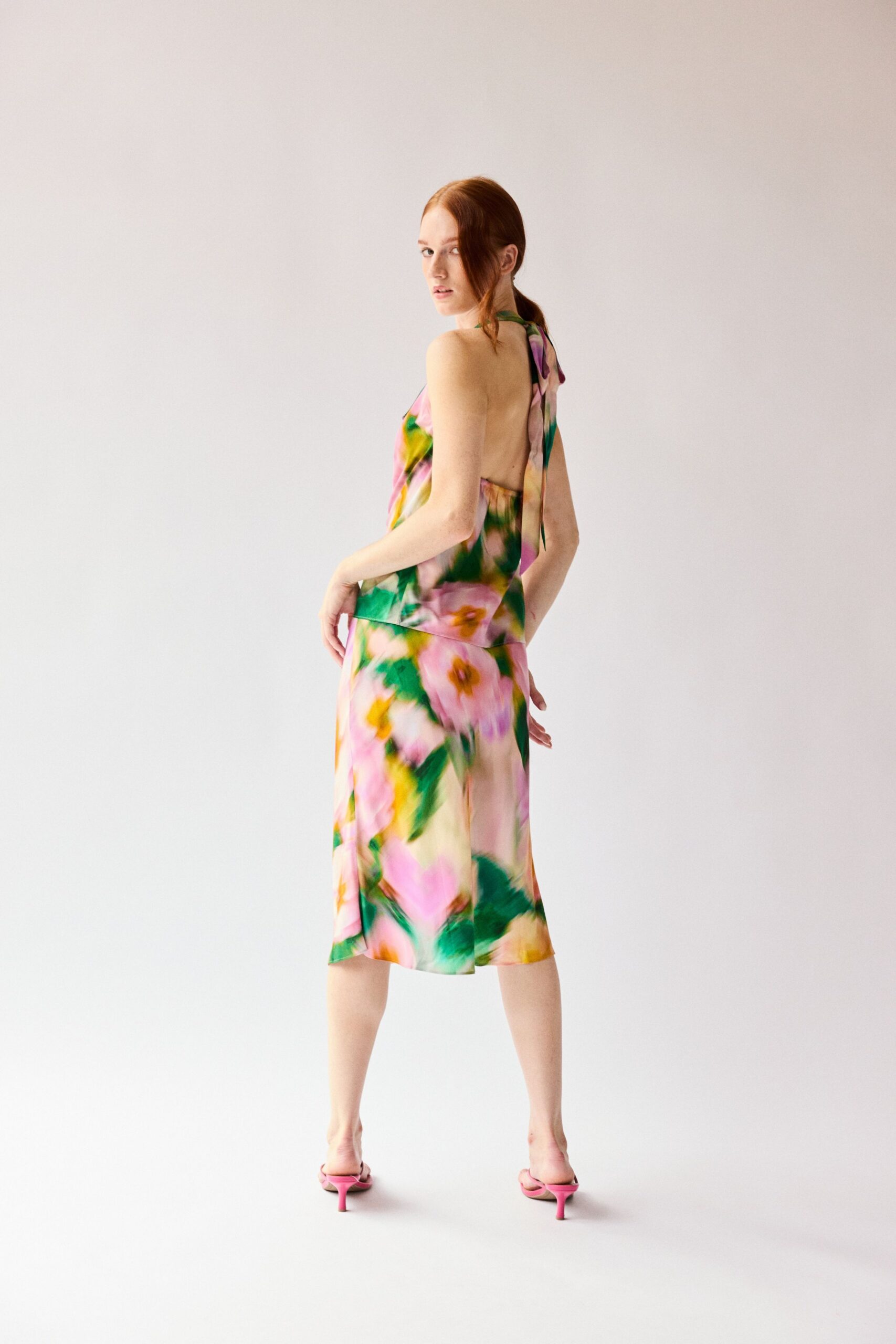 multi satin halter backless floral draped top