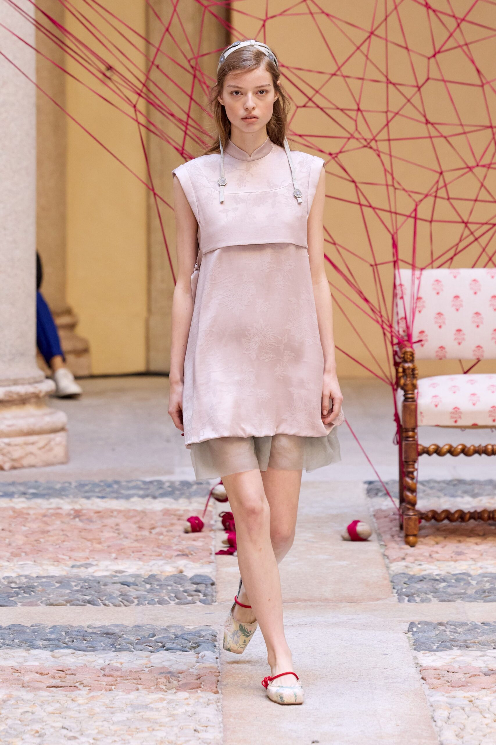 pink floral satin bib-front mini dress