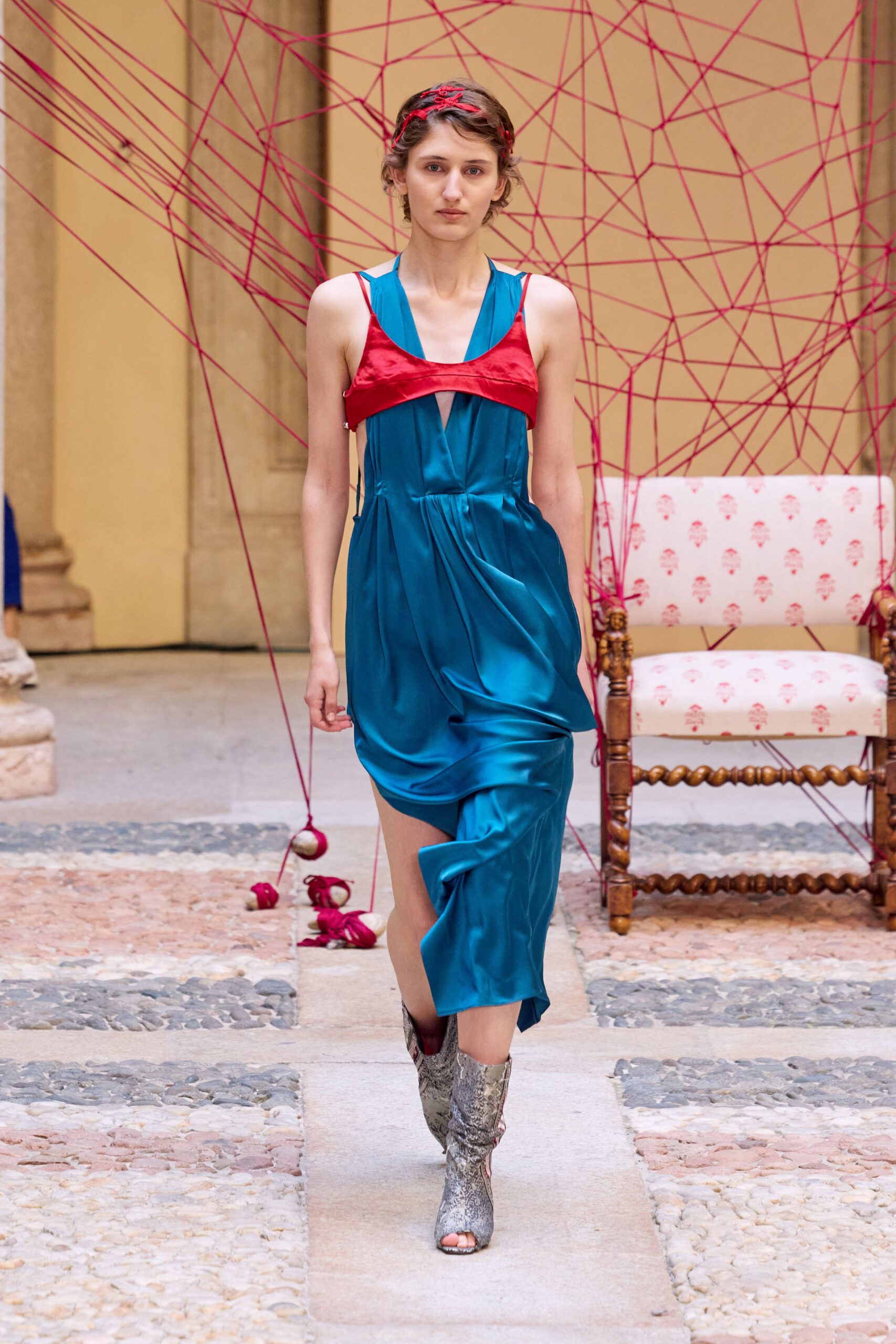 teal satin draped slip dress