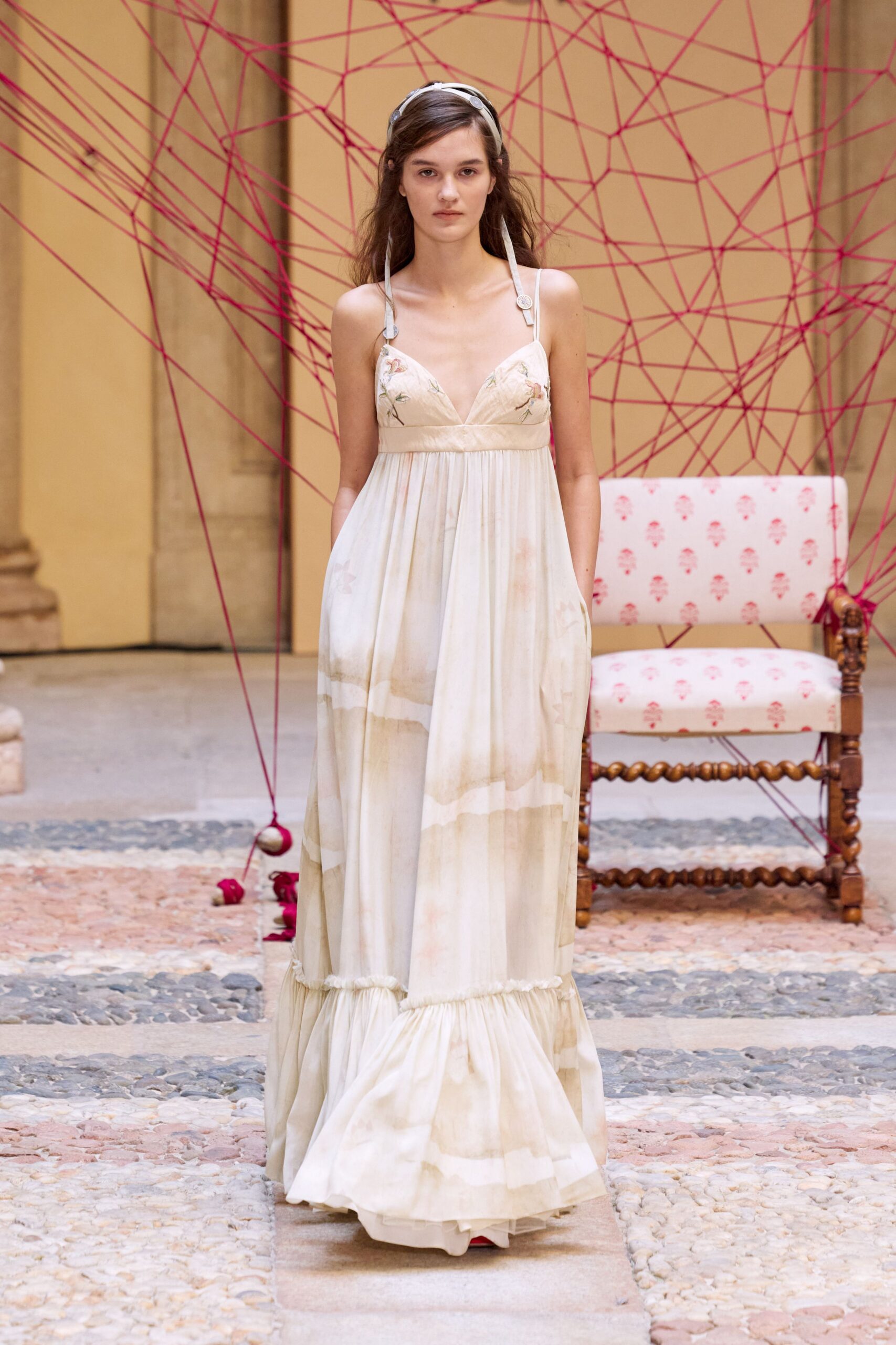 embroidered empire-waist chiffon maxi dress