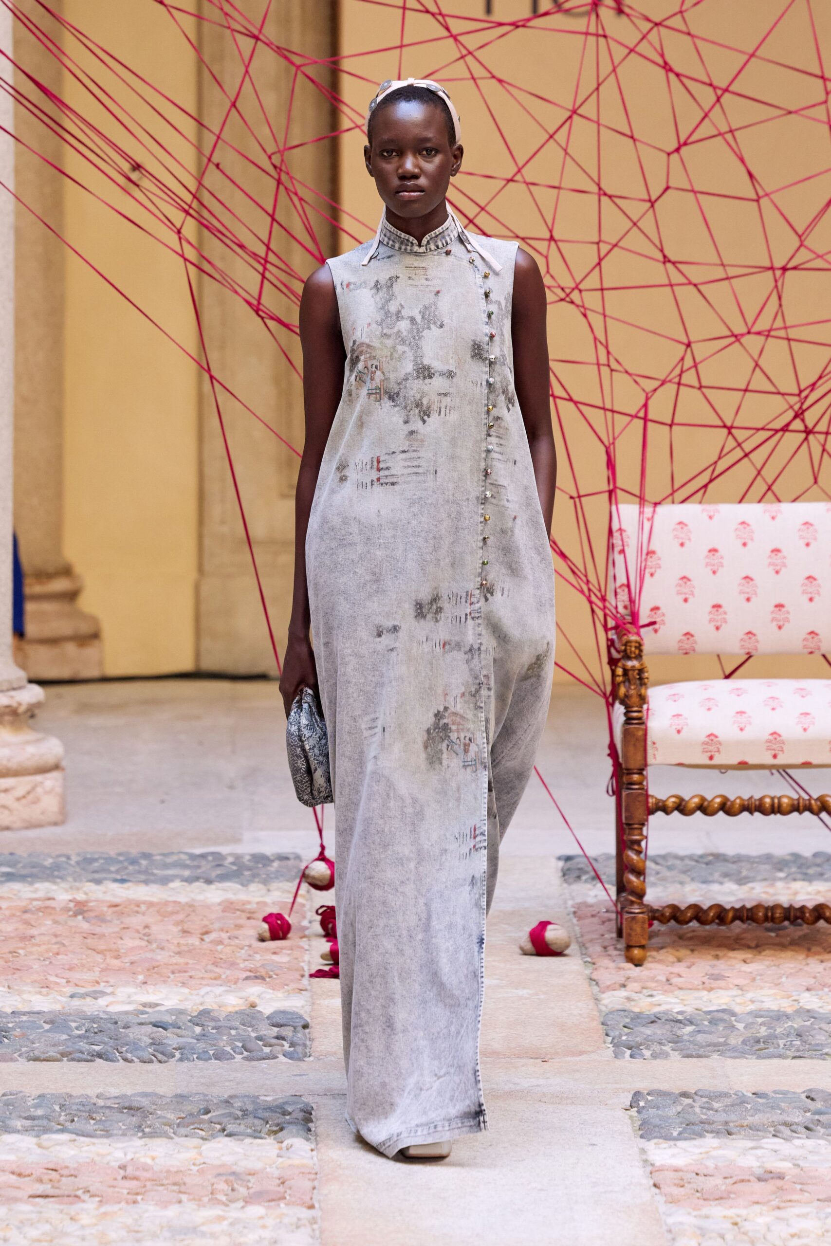 cheongsam-inspired denim maxi dress