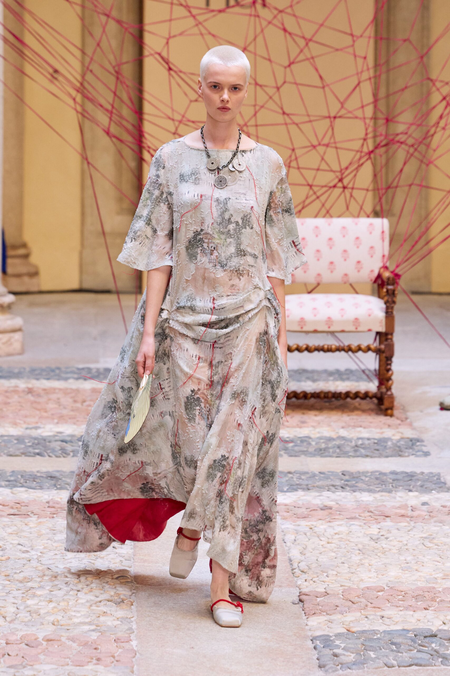 beige organza boat-neck short-sleeve printed draped dress