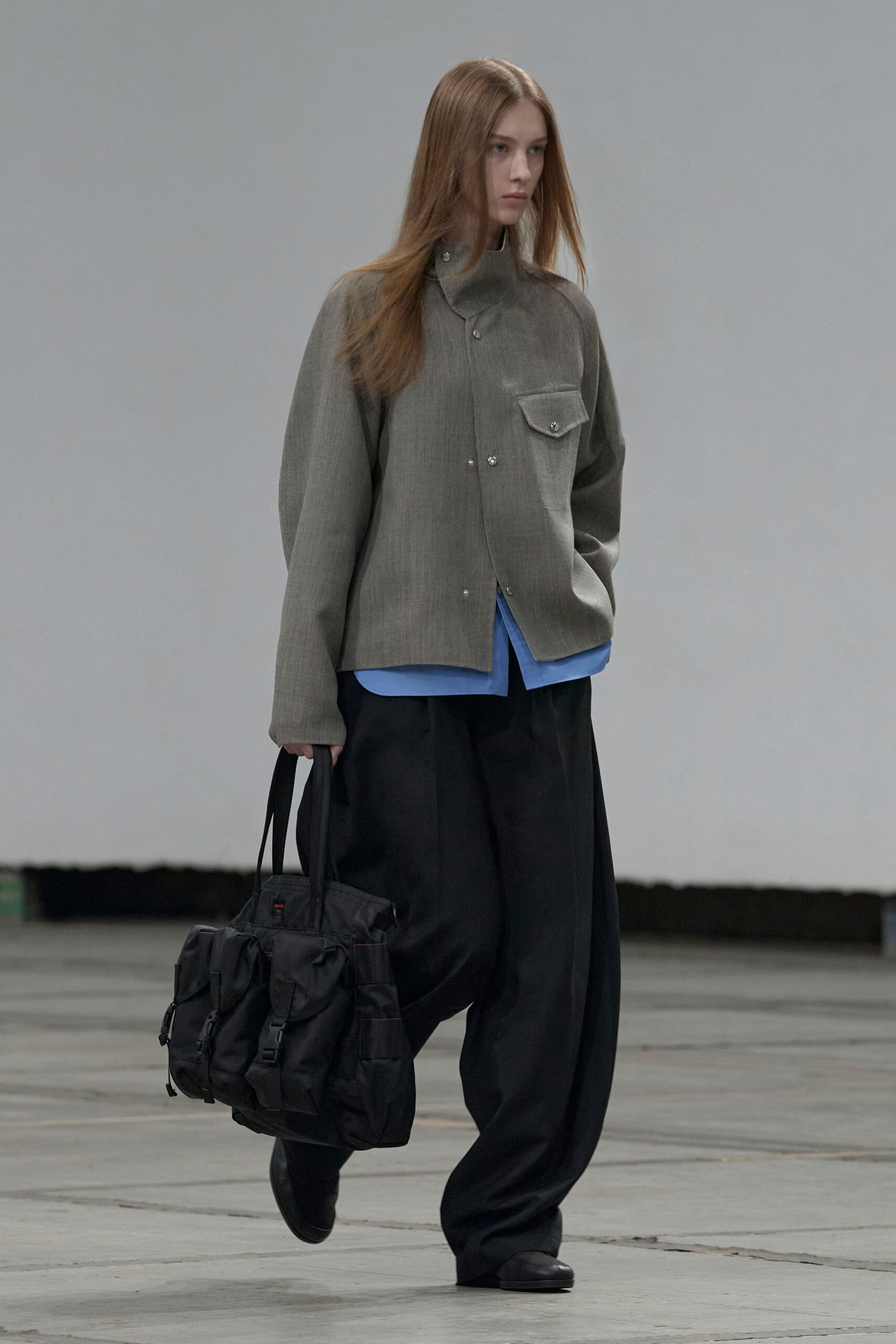 gray wool long-sleeve high-neck relaxed buttoned pockets jacket