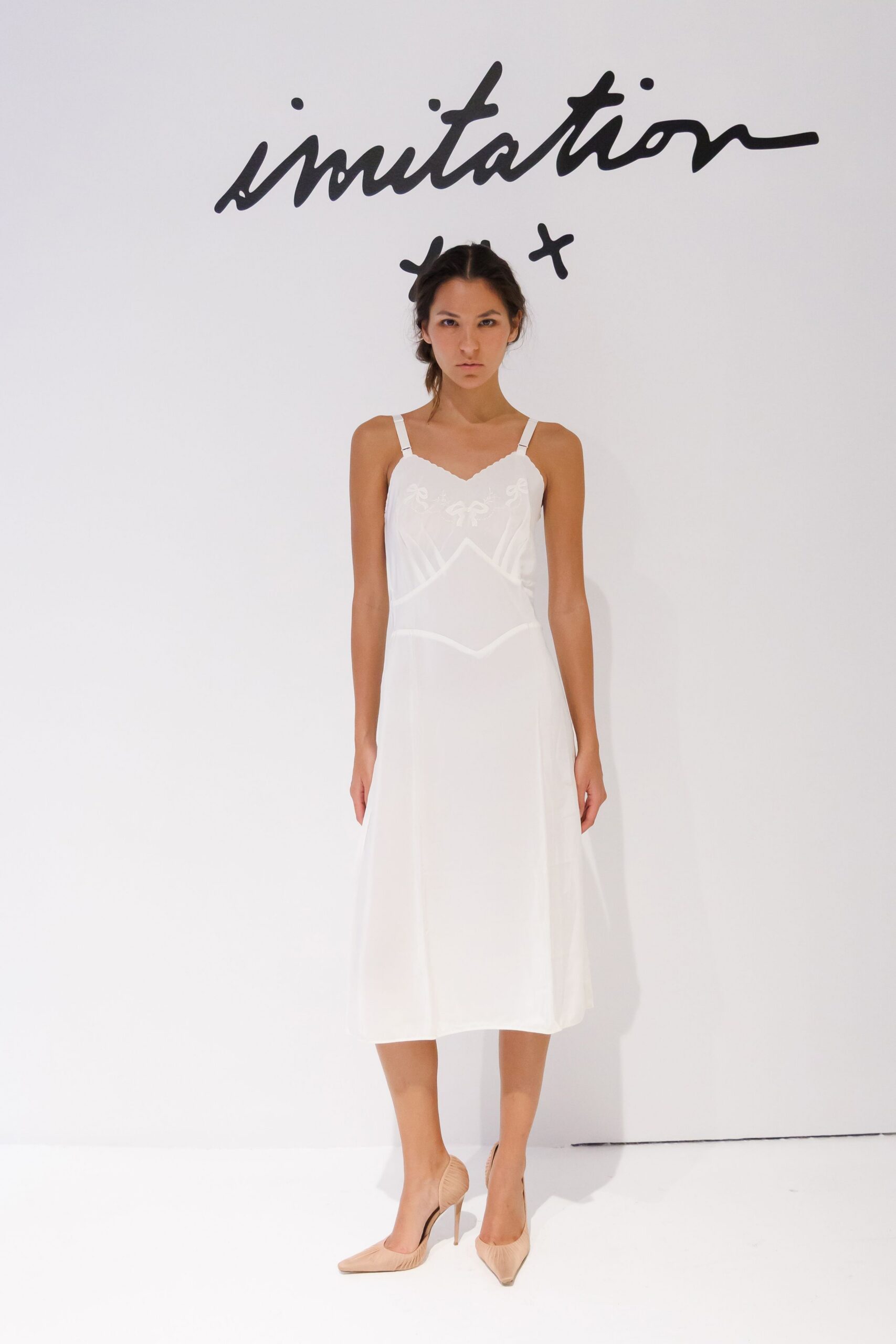 white chiffon spaghetti-strap sweetheart fitted embroidered a-line midi-dress