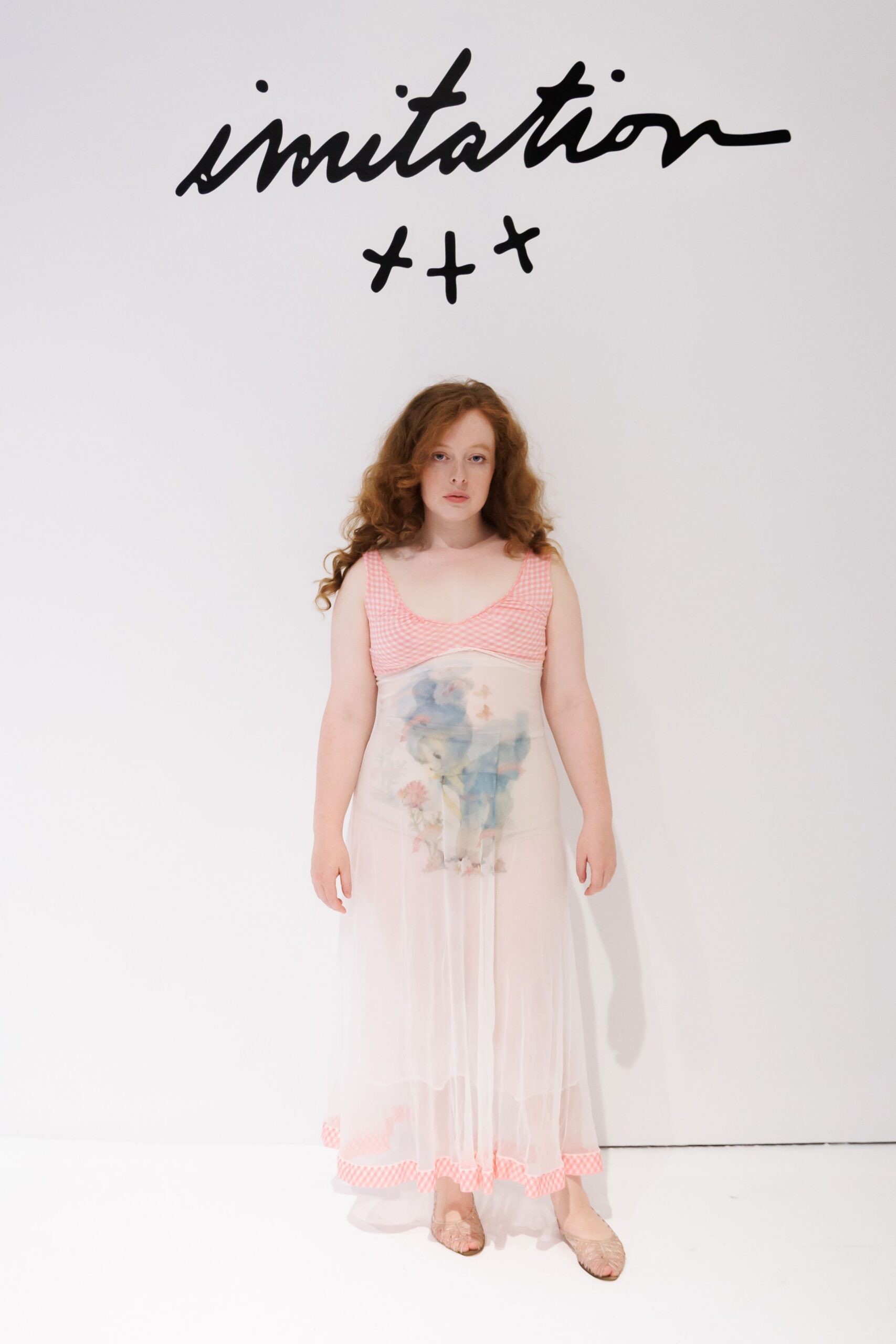 Sheer blush mesh dress overlaid with a faded blue teddy print panel. Pink gingham bodice with a scooped neckline and curved underbust seam. Nude mesh flats, wrinkled across the toes. Sunday in a sunroom, cake plates still stacked by the sink.
