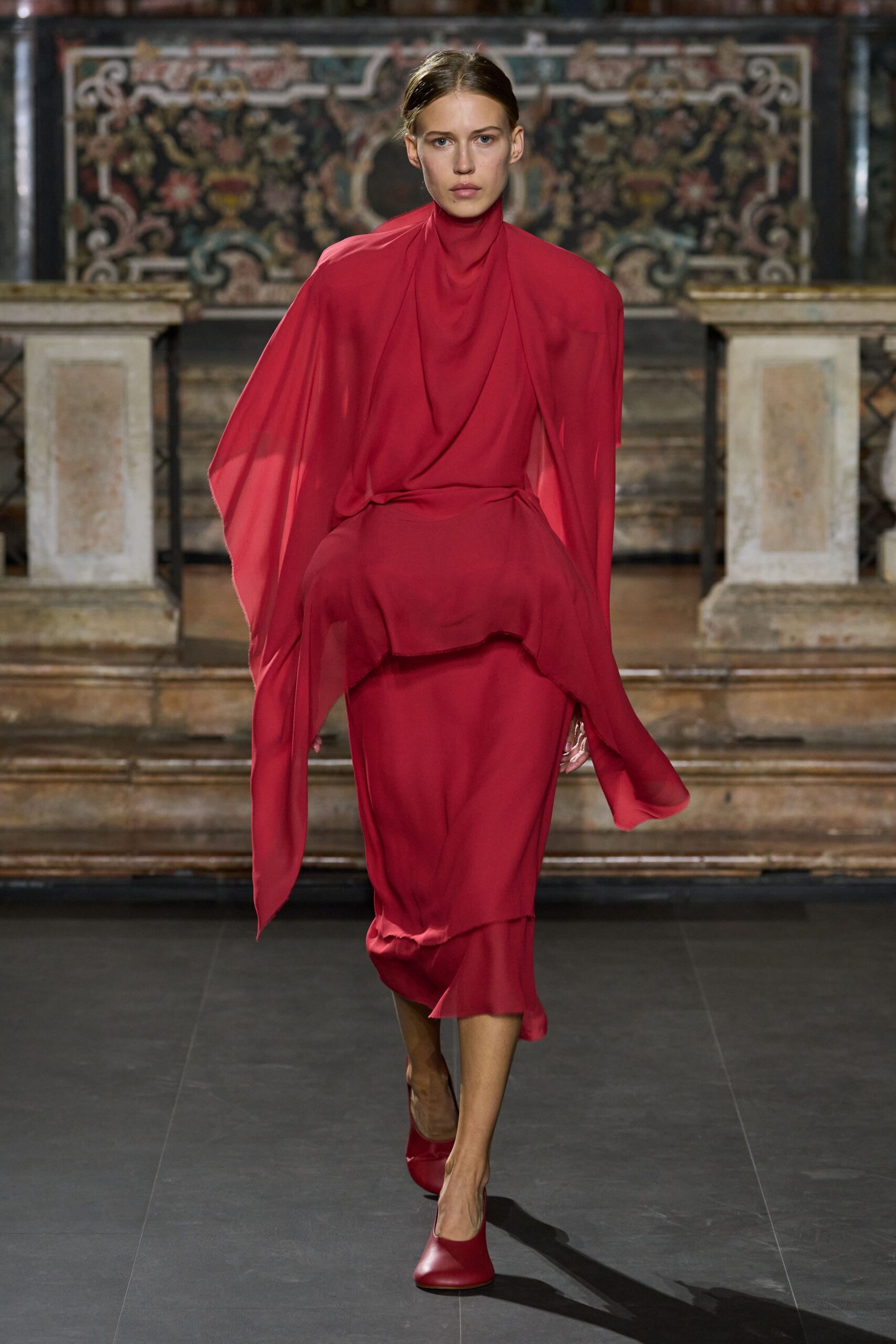 red draped chiffon midi dress