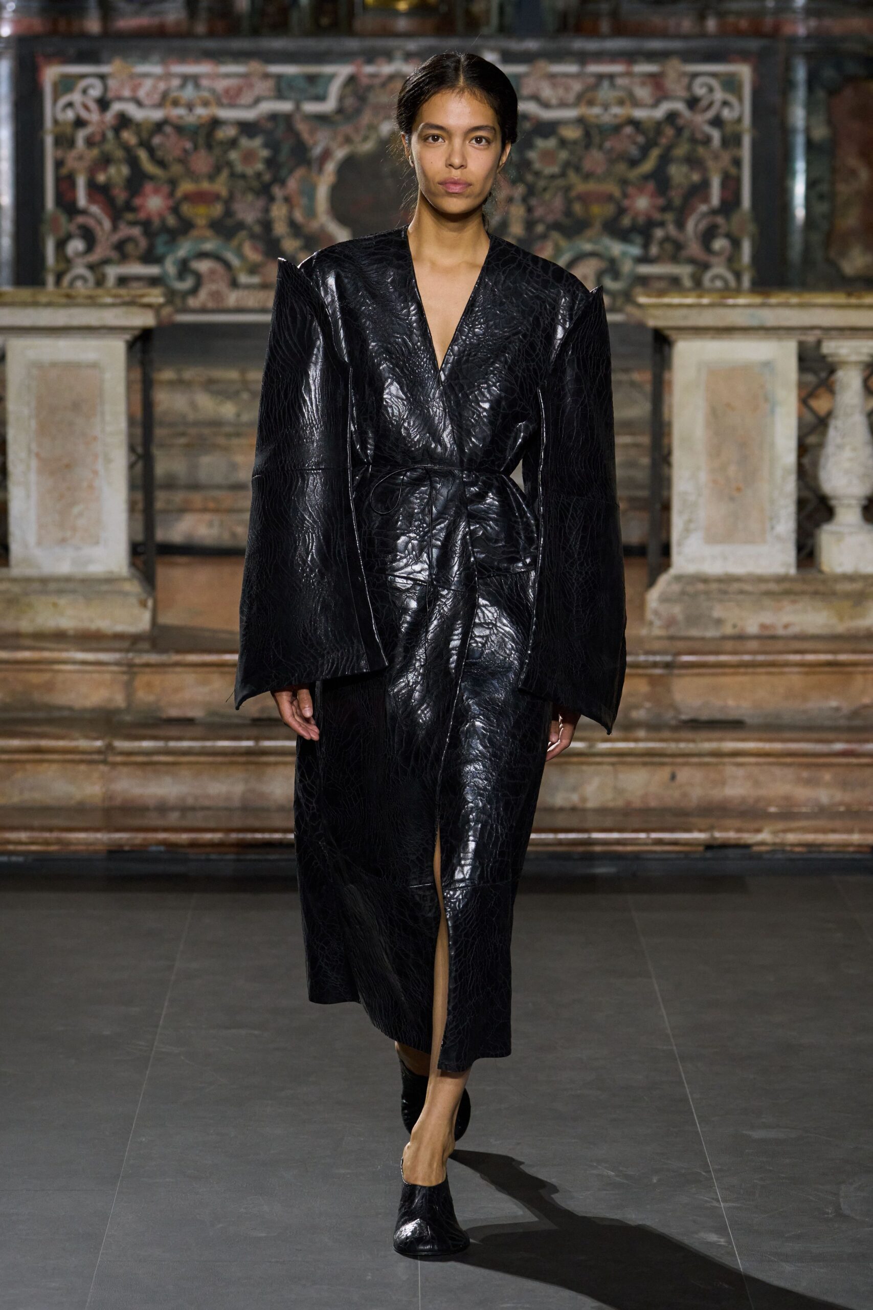 black croc-effect wrap leather dress