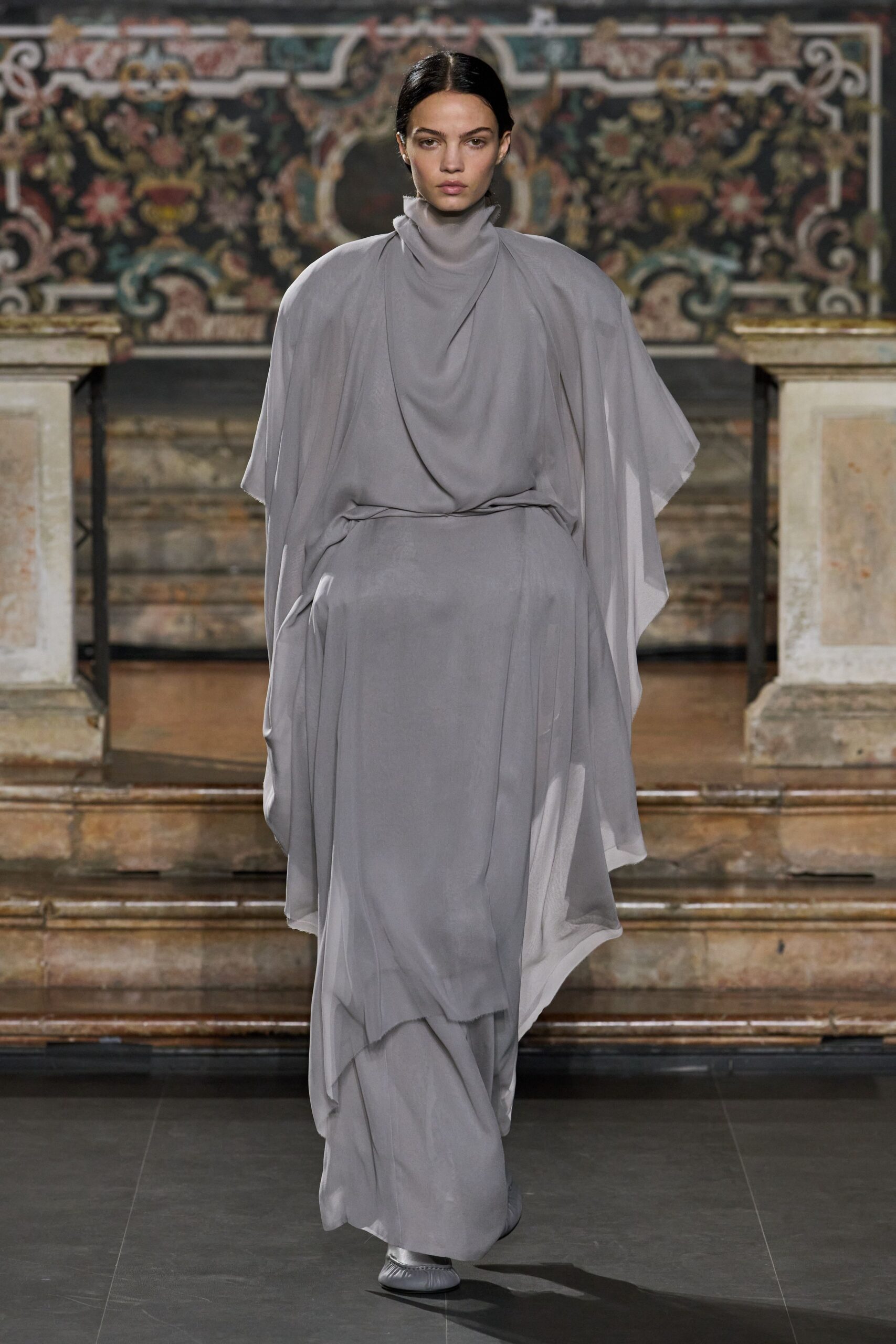 draped high-neck chiffon gown