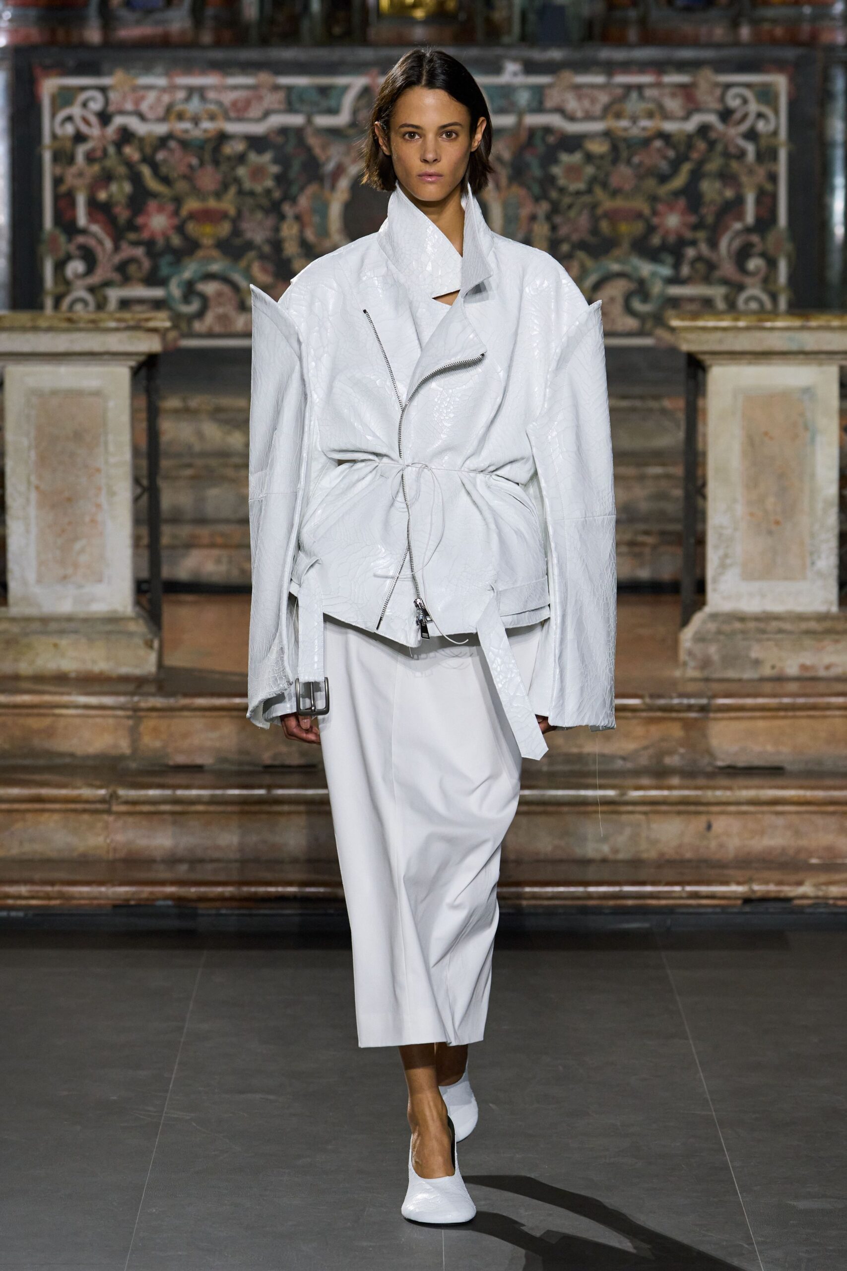 white embossed leather moto jacket