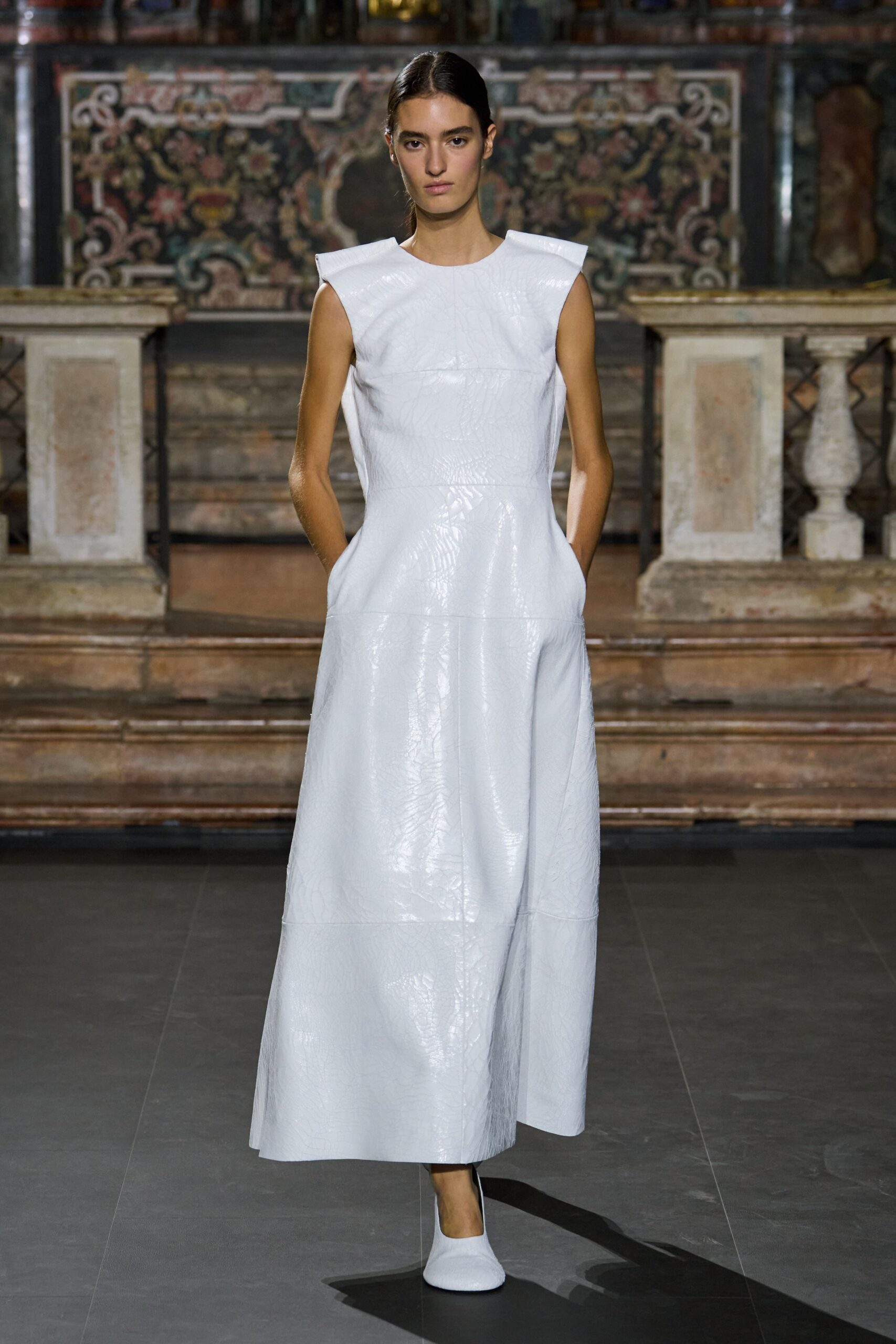 white structured leather maxi dress